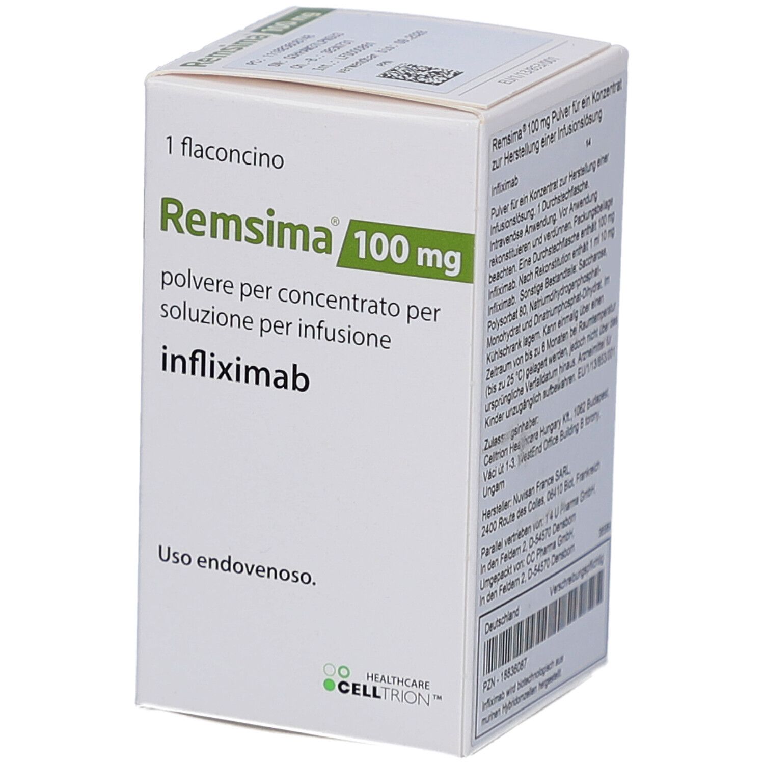 Schachtel mit REMSIMA 100 mg. Text: Pulver für Infusionslösung, Infliximab. Logo: CELLTRION HEALTHCARE.
