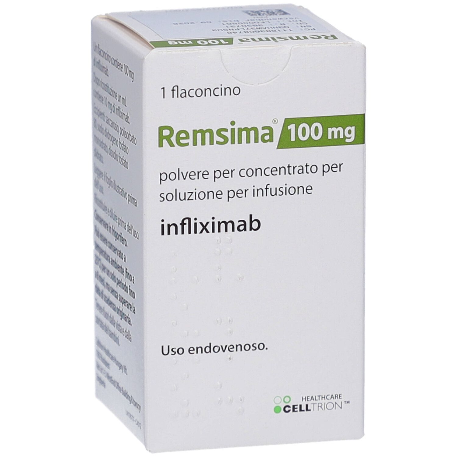 Schachtel mit REMSIMA 100 mg. Text: Pulver für Infusionslösung, Infliximab. Logo: CELLTRION HEALTHCARE.