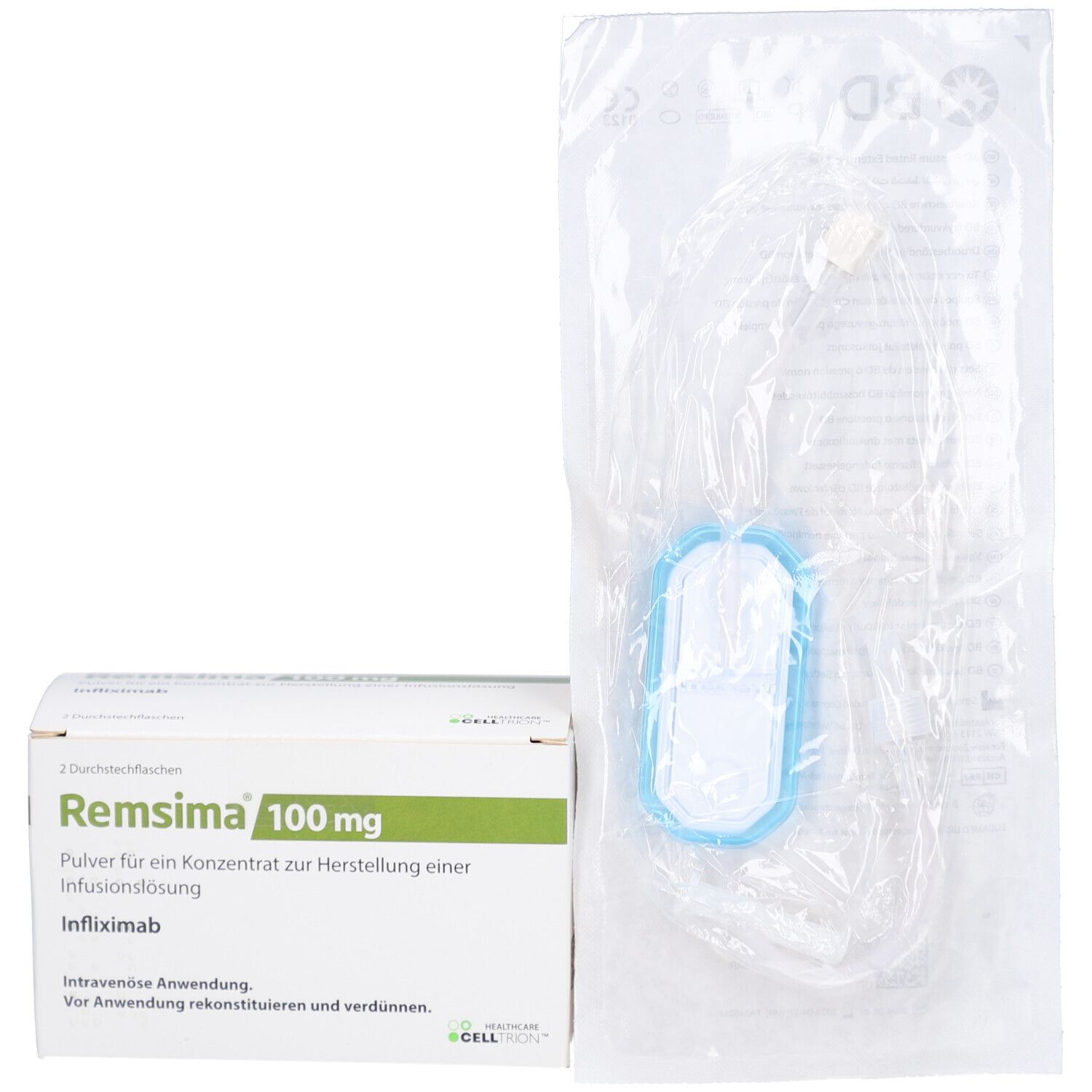 Packung REMSIMA 100 mg und Infusionsbesteck. Packung mit Produktinformationen. Infusionsbesteck in Folienverpackung.
