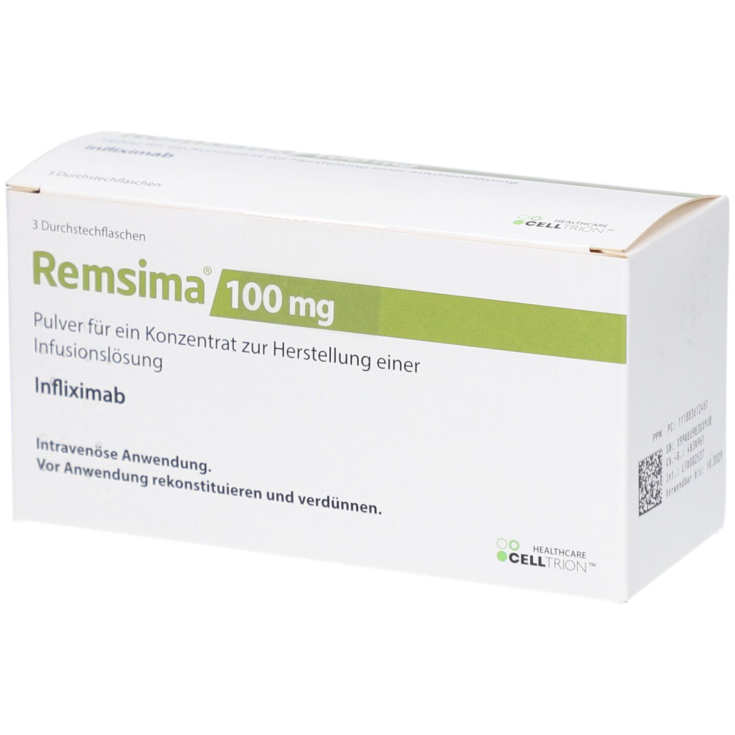 Weiße Kartonverpackung mit grünen Akzenten. Beschriftung: Remsima 100 mg, Pulver für Infusionslösung. Enthält 3 Durchstechflaschen.