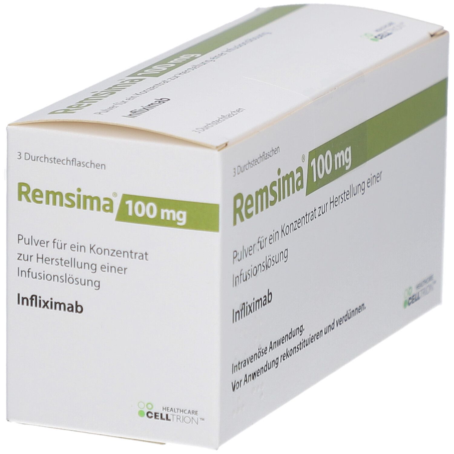 Kartonverpackung, schräg gestellt. Beschriftung: Remsima 100 mg, Pulver für Infusionslösung. Enthält 3 Durchstechflaschen. Grüner Streifen.