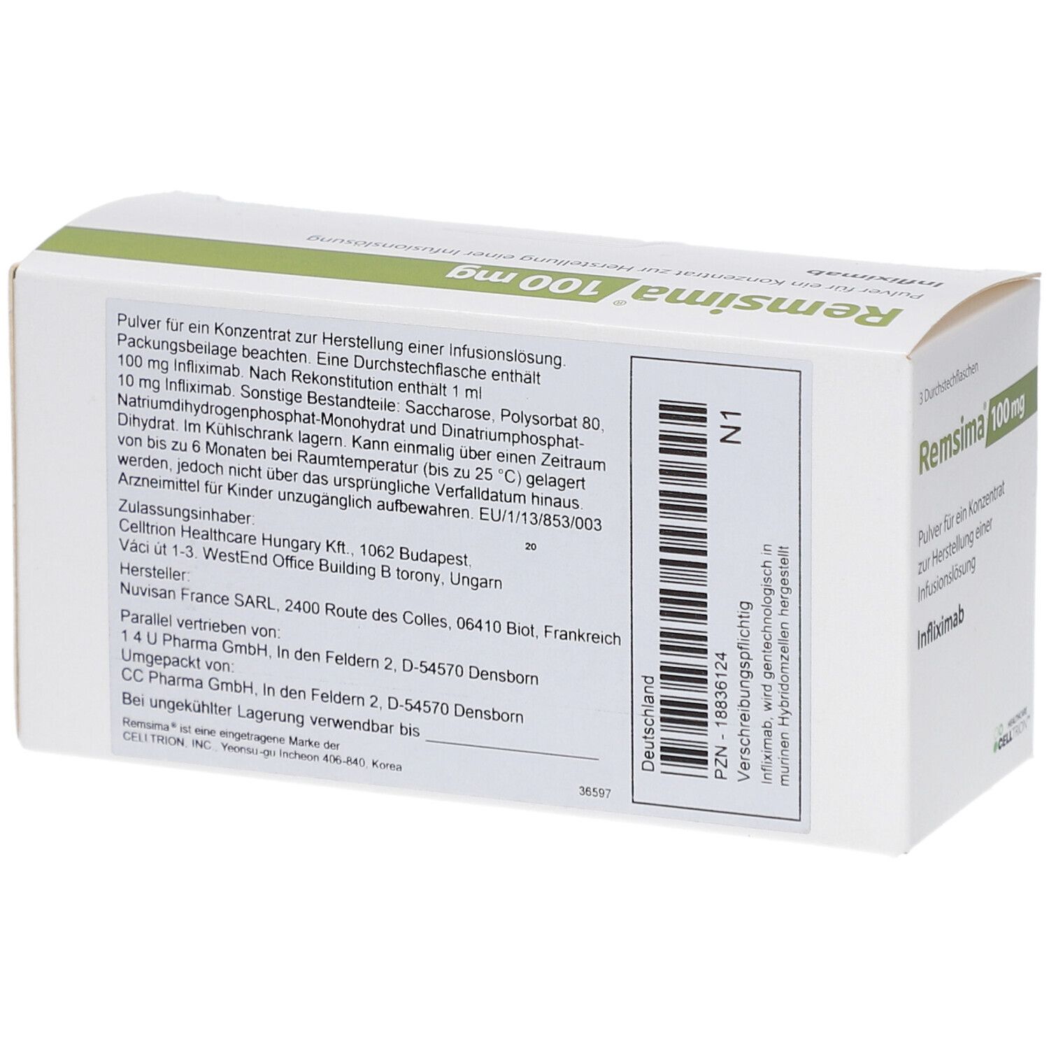 Rückseite der Kartonverpackung. Beschriftung mit Produktinformationen und Barcode. Weiß mit grünen und schwarzen Elementen.