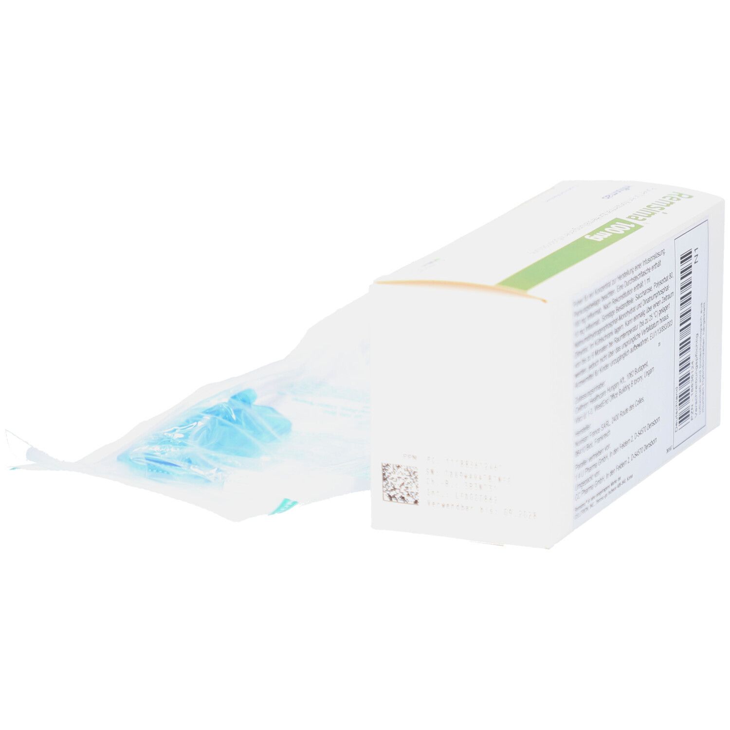 Weiße Schachtel mit grünem Streifen und Text. Geöffnete Verpackung mit blauem Kunststoffteil. Aufschrift: REMSIMA 100 mg.