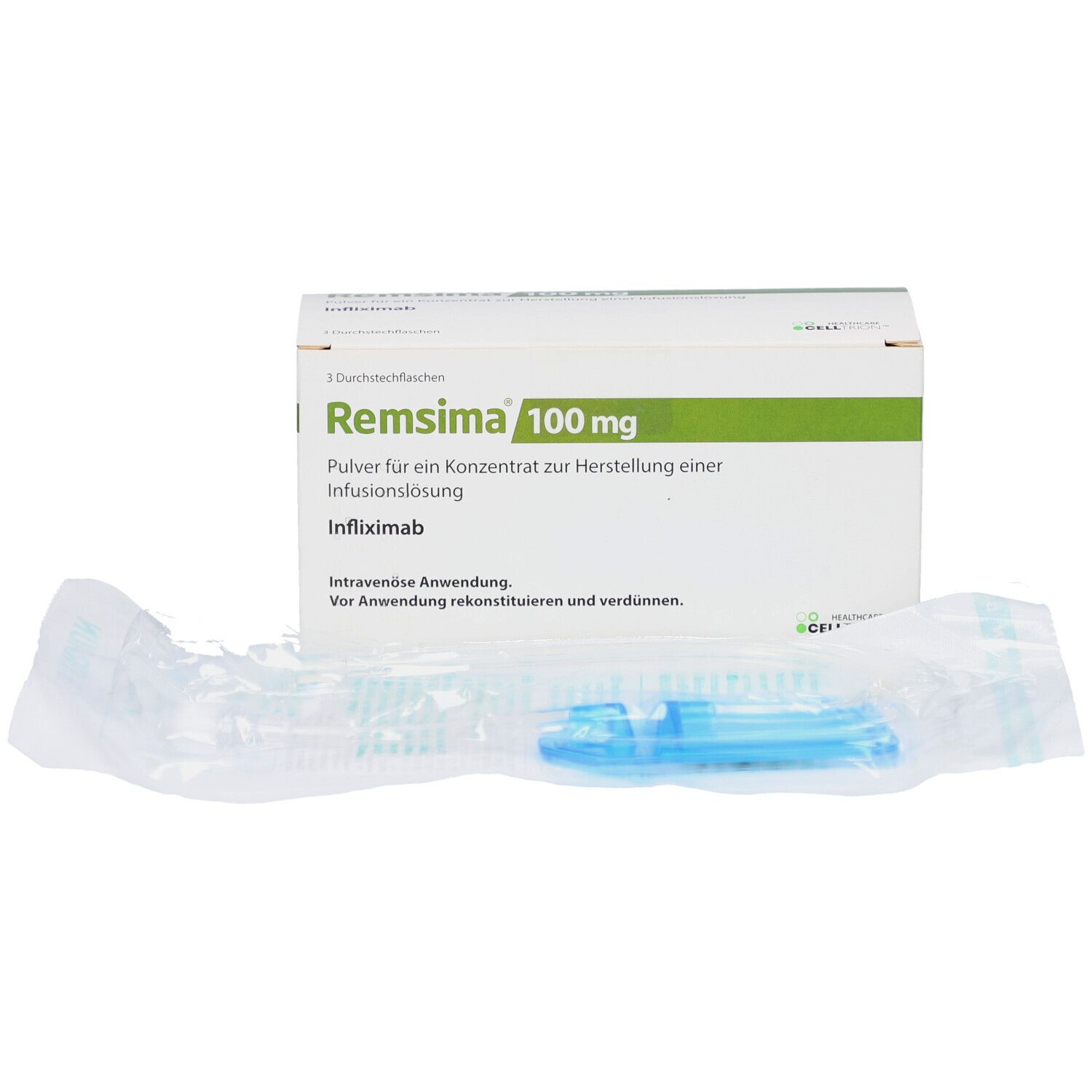 Weiße Schachtel mit grünem Streifen und Text. Darunter eine transparente Verpackung mit blauem Kunststoffteil. Aufschrift: REMSIMA 100 mg.