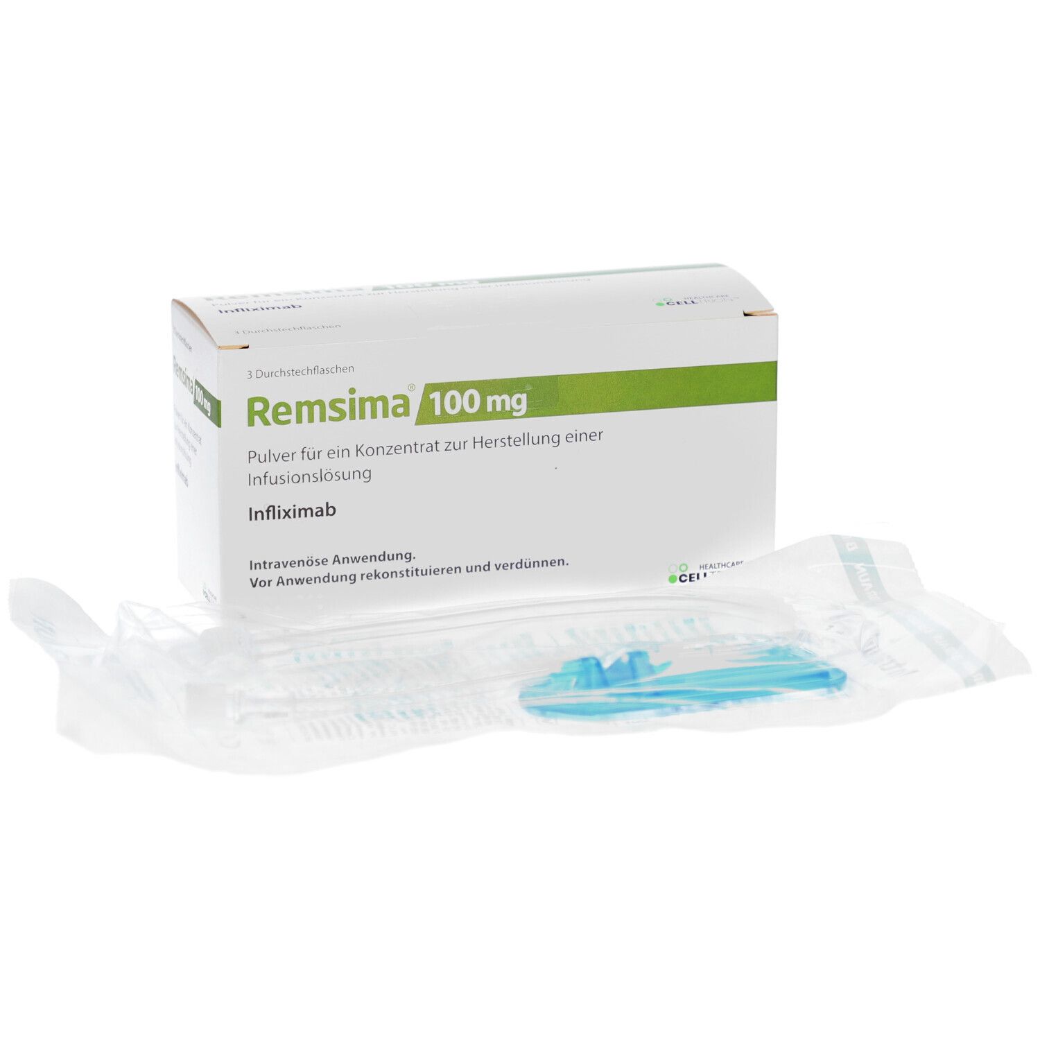 Weiße Schachtel mit grünem Streifen und Text. Darunter eine transparente Verpackung mit blauem Kunststoffteil. Aufschrift: REMSIMA 100 mg.