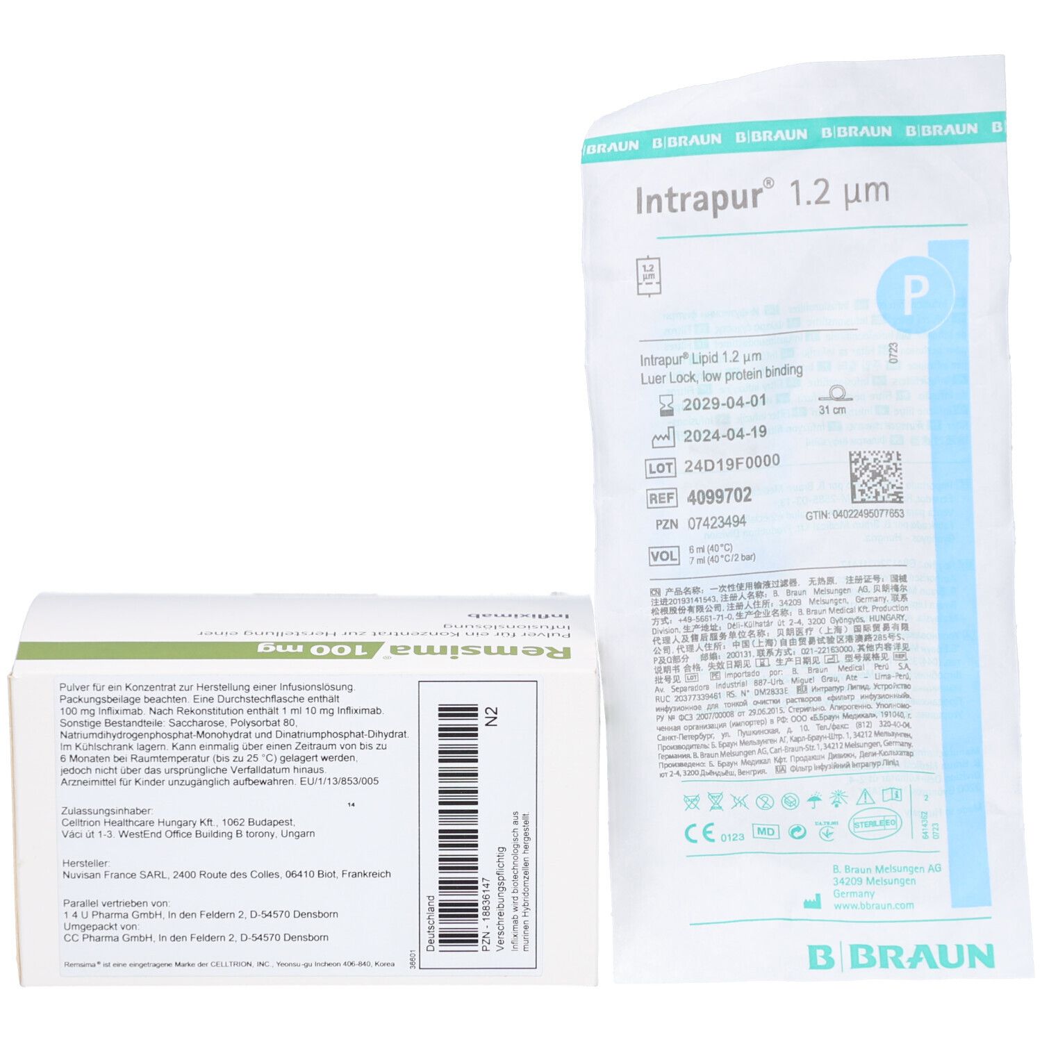 Schachtel und Infusionsbeutel. Aufschrift: Remsima 100 mg. Text auf der Schachtel. Beutel: Intrapur 1.2 µm.