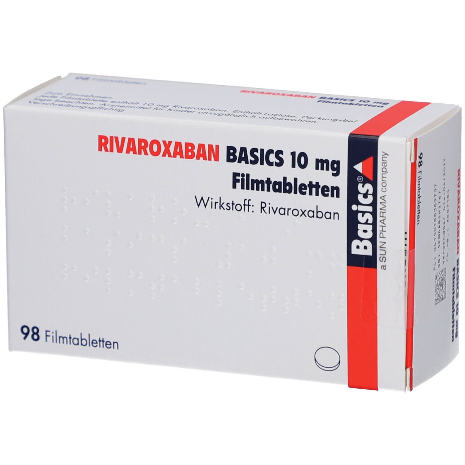 Schachtel mit RIVAROXABAN BASICS 10 mg Filmtabletten. Aufschrift: 98 Filmtabletten. Marke: Basics.