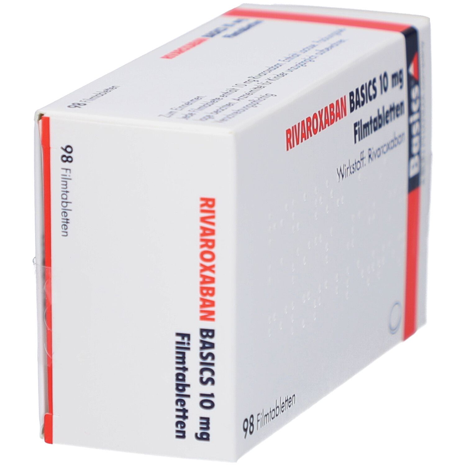 Schachtel mit RIVAROXABAN BASICS 10 mg Filmtabletten. Aufschrift: 98 Filmtabletten. Marke: Basics.