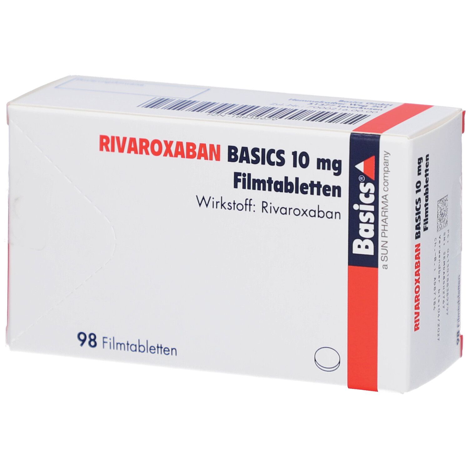 Schachtel mit RIVAROXABAN BASICS 10 mg Filmtabletten. Aufschrift: 98 Filmtabletten. Marke: Basics.