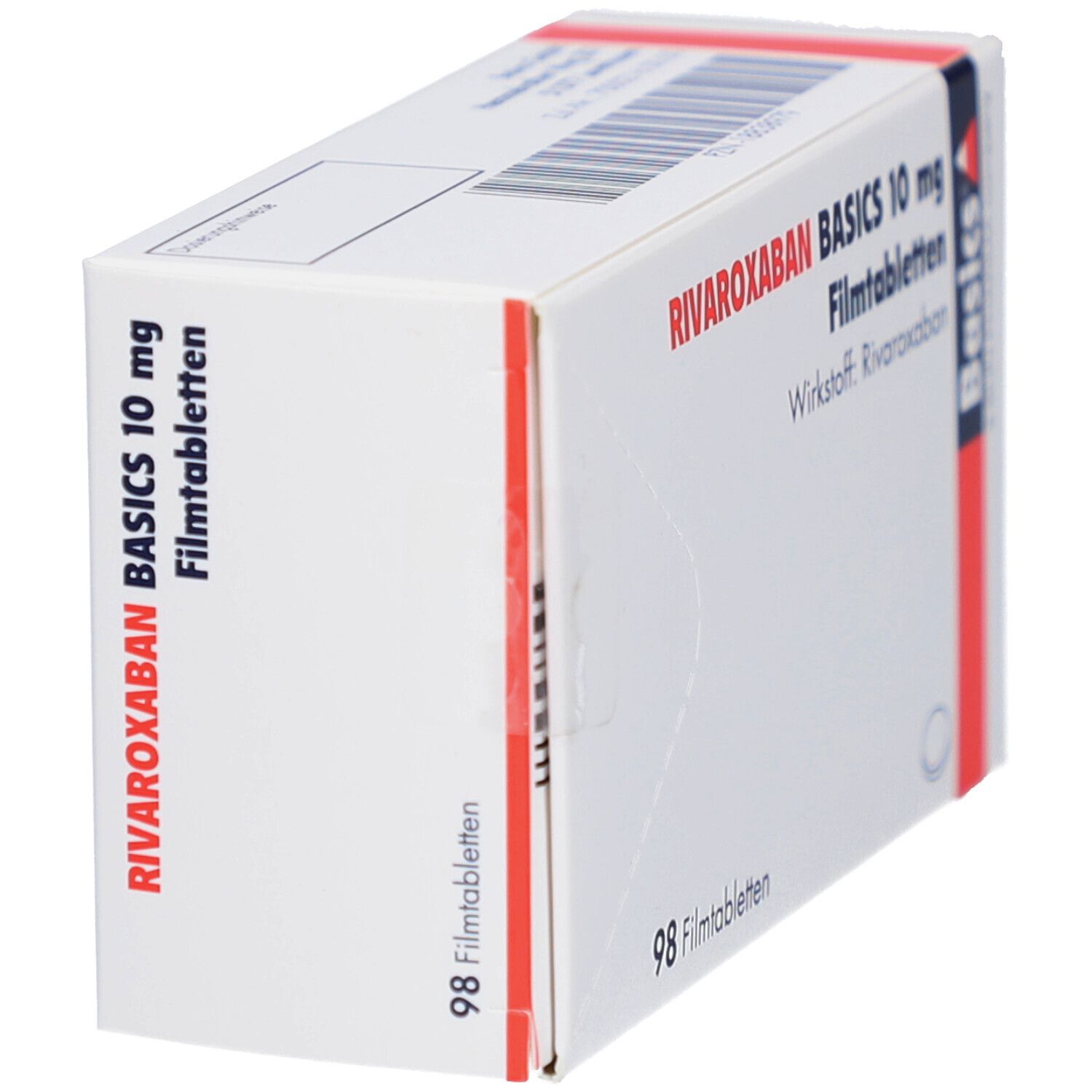 Schachtel mit RIVAROXABAN BASICS 10 mg Filmtabletten. Aufschrift: 98 Filmtabletten. Marke: Basics.