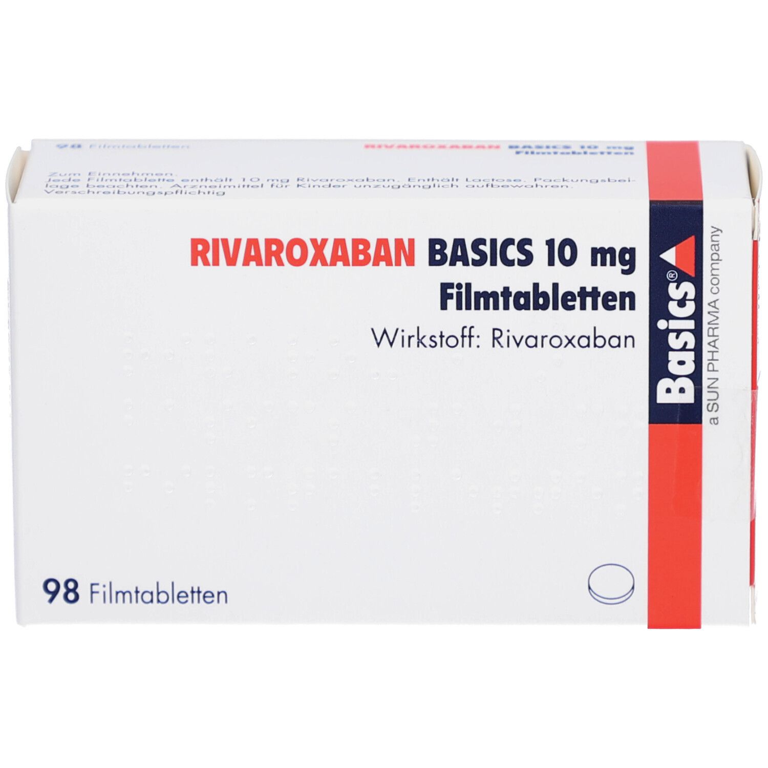 Schachtel mit RIVAROXABAN BASICS 10 mg Filmtabletten. Aufschrift: 98 Filmtabletten. Marke: Basics.