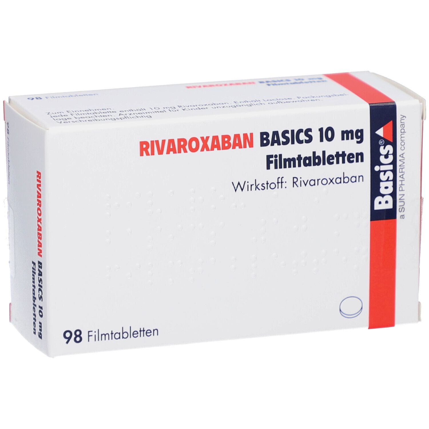 Schachtel mit RIVAROXABAN BASICS 10 mg Filmtabletten. Aufschrift: 98 Filmtabletten. Marke: Basics.