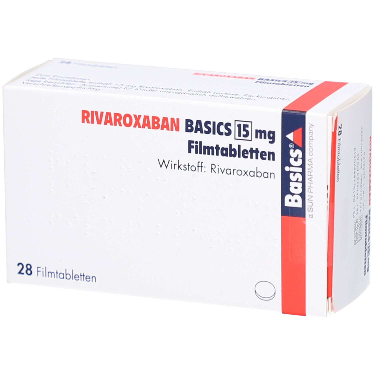 Schachtel mit RIVAROXABAN BASICS 15 mg Filmtabletten. Enthält 28 Tabletten. Aufschrift: Wirkstoff: Rivaroxaban. Basics-Logo.