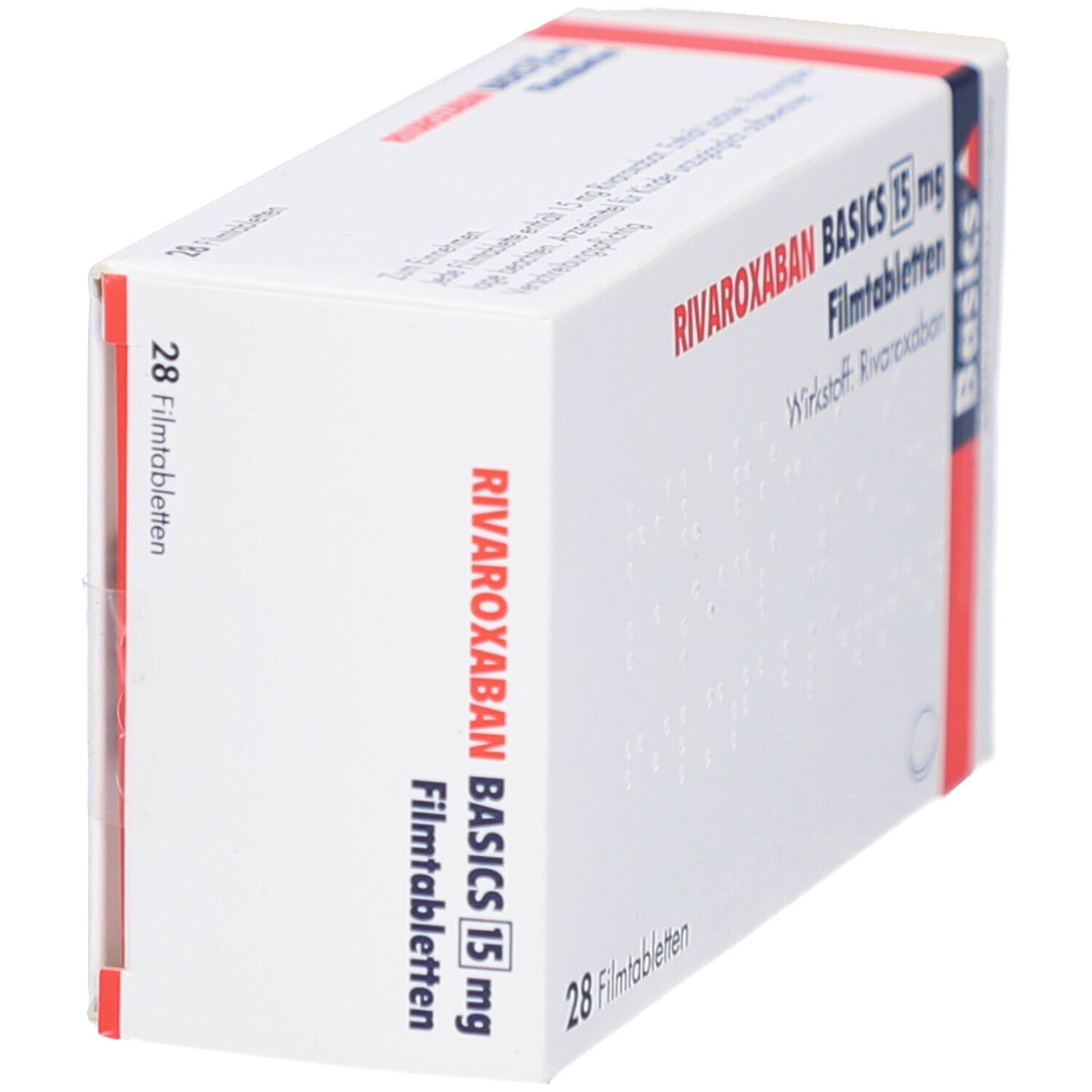 Schachtel RIVAROXABAN BASICS 15 mg Filmtabletten. Seitenansicht. Aufschrift: 28 Filmtabletten. Basics-Logo. Rote Akzente.