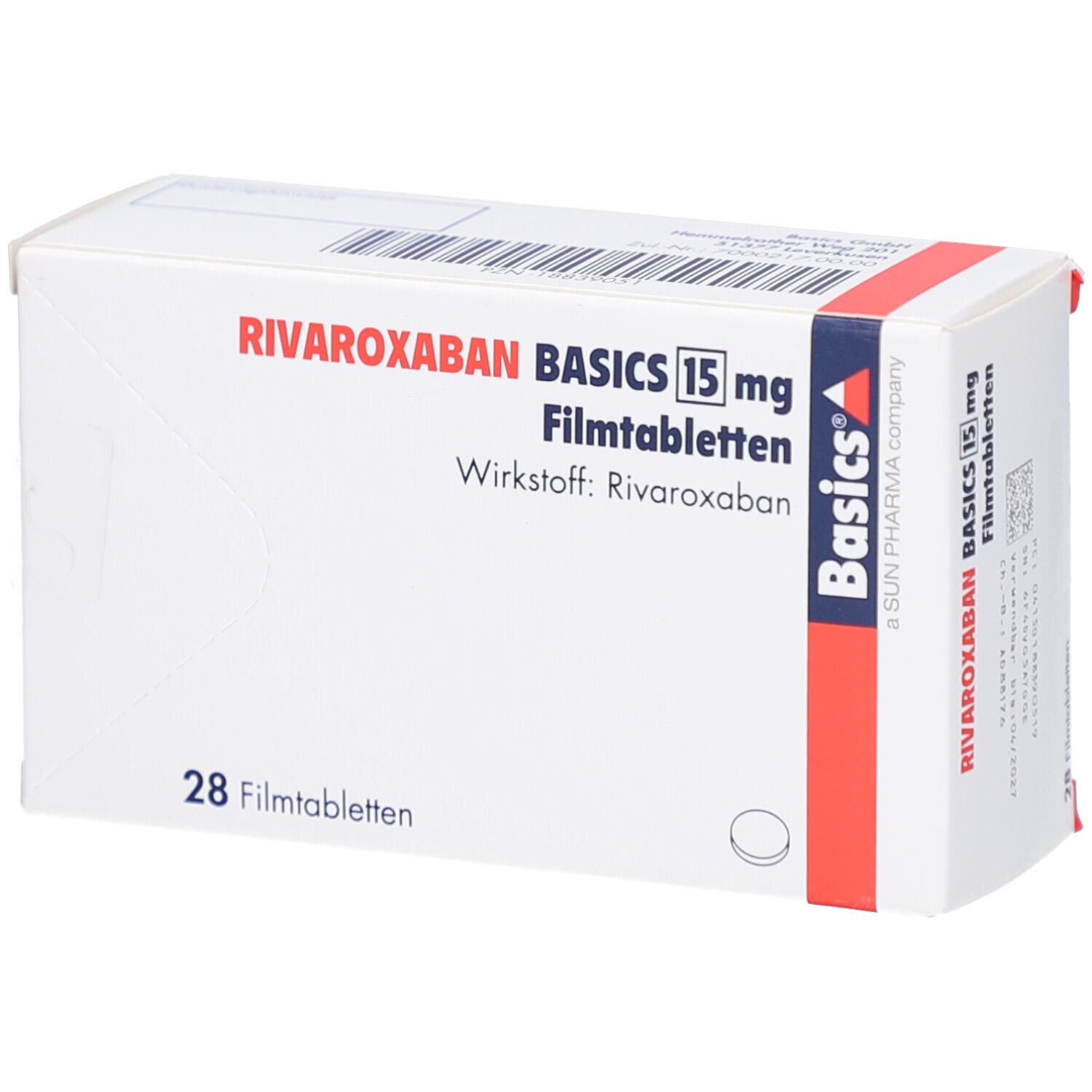 Schachtel mit RIVAROXABAN BASICS 15 mg Filmtabletten. Enthält 28 Tabletten. Aufschrift: Wirkstoff: Rivaroxaban. Basics-Logo.