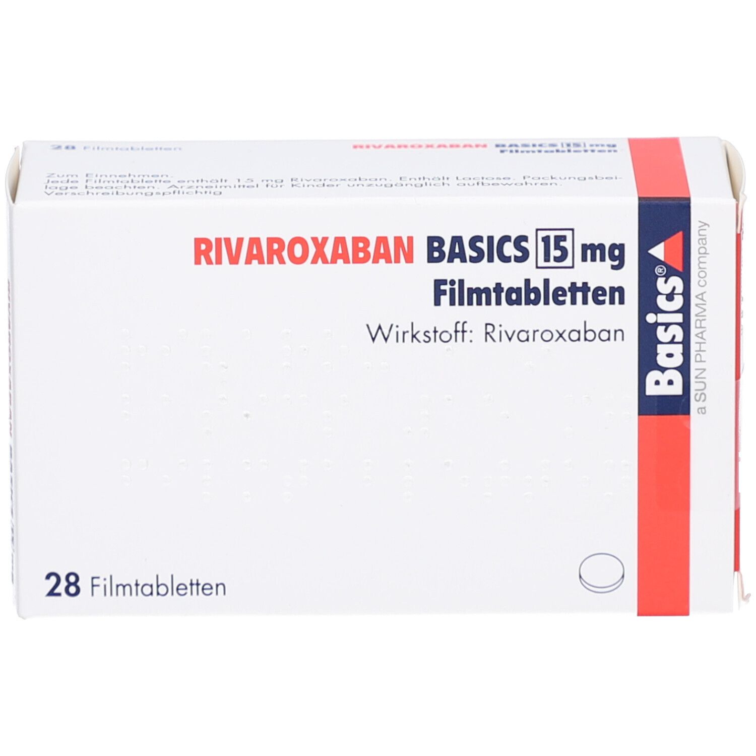 Schachtel mit RIVAROXABAN BASICS 15 mg Filmtabletten. Enthält 28 Tabletten. Aufschrift: Wirkstoff: Rivaroxaban. Basics-Logo.