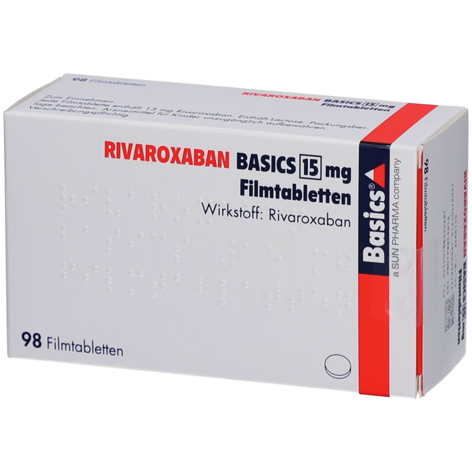 Schachtel mit RIVAROXABAN BASICS 15 mg Filmtabletten. Aufschrift: 98 Filmtabletten. Basics-Logo. Braille-Schrift.