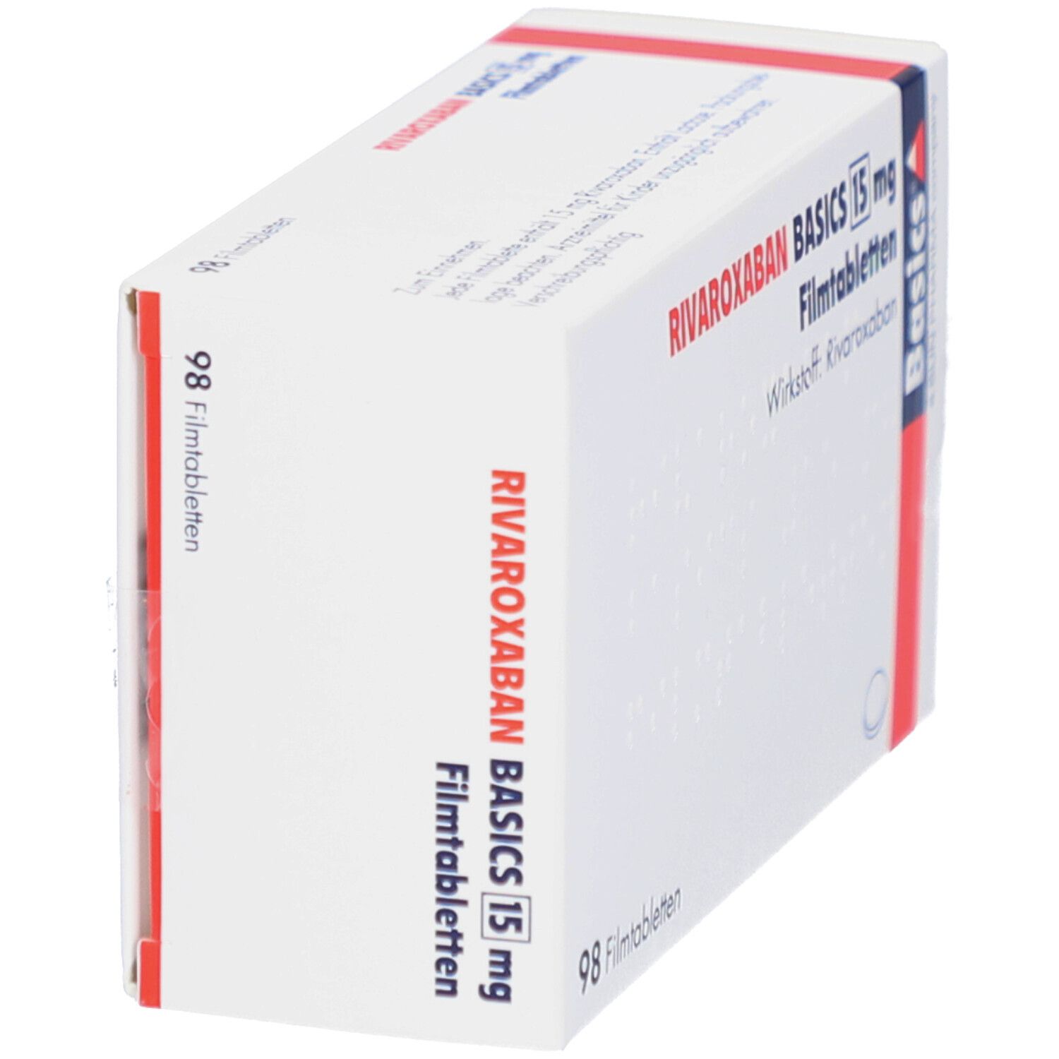 Schachtel mit RIVAROXABAN BASICS 15 mg Filmtabletten. Aufschrift: 98 Filmtabletten. Basics-Logo. Ansicht schräg.