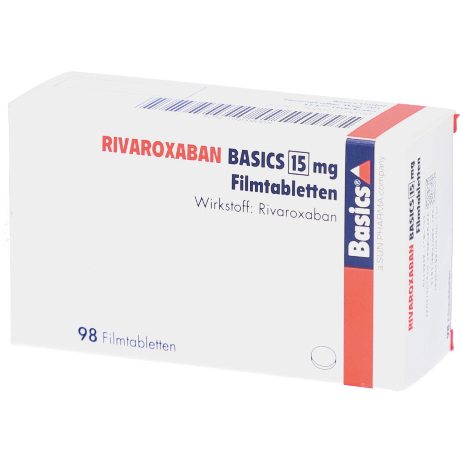 Schachtel mit RIVAROXABAN BASICS 15 mg Filmtabletten. Aufschrift: 98 Filmtabletten. Basics-Logo.