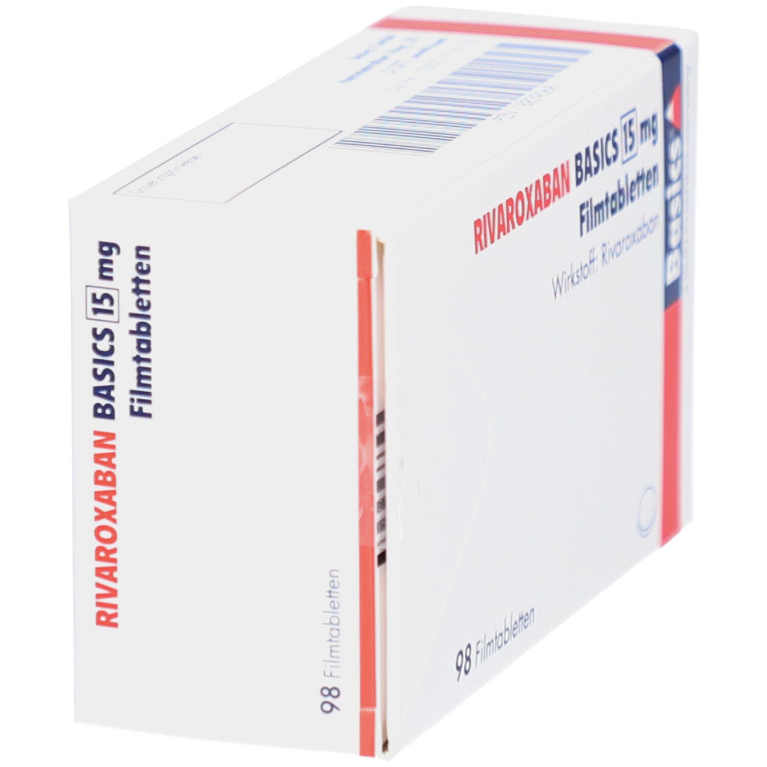 Schachtel mit RIVAROXABAN BASICS 15 mg Filmtabletten. Aufschrift: 98 Filmtabletten. Basics-Logo. Ansicht schräg.