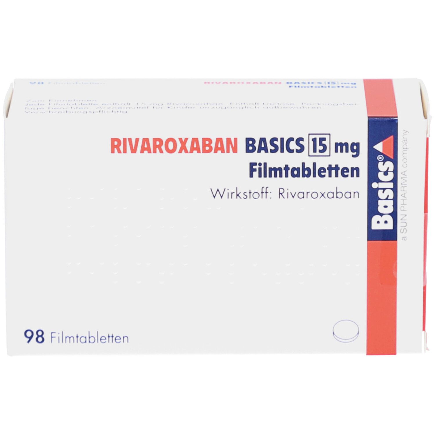 Schachtel mit RIVAROXABAN BASICS 15 mg Filmtabletten. Aufschrift: 98 Filmtabletten. Basics-Logo.