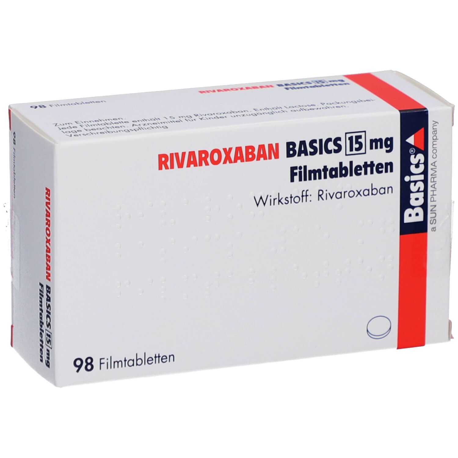 Schachtel mit RIVAROXABAN BASICS 15 mg Filmtabletten. Aufschrift: 98 Filmtabletten. Basics-Logo. Braille-Schrift.