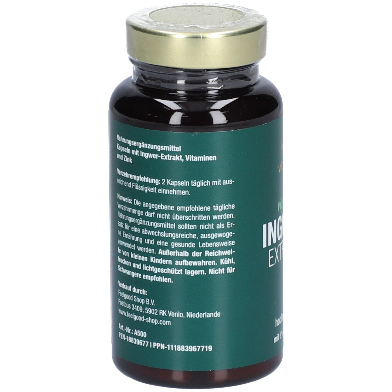 Braune Glasflasche mit goldfarbenem Deckel. Grünes Etikett mit weißer Schrift. Aufschrift: INGWER EXTRAKT, vegan, hochdosiert.