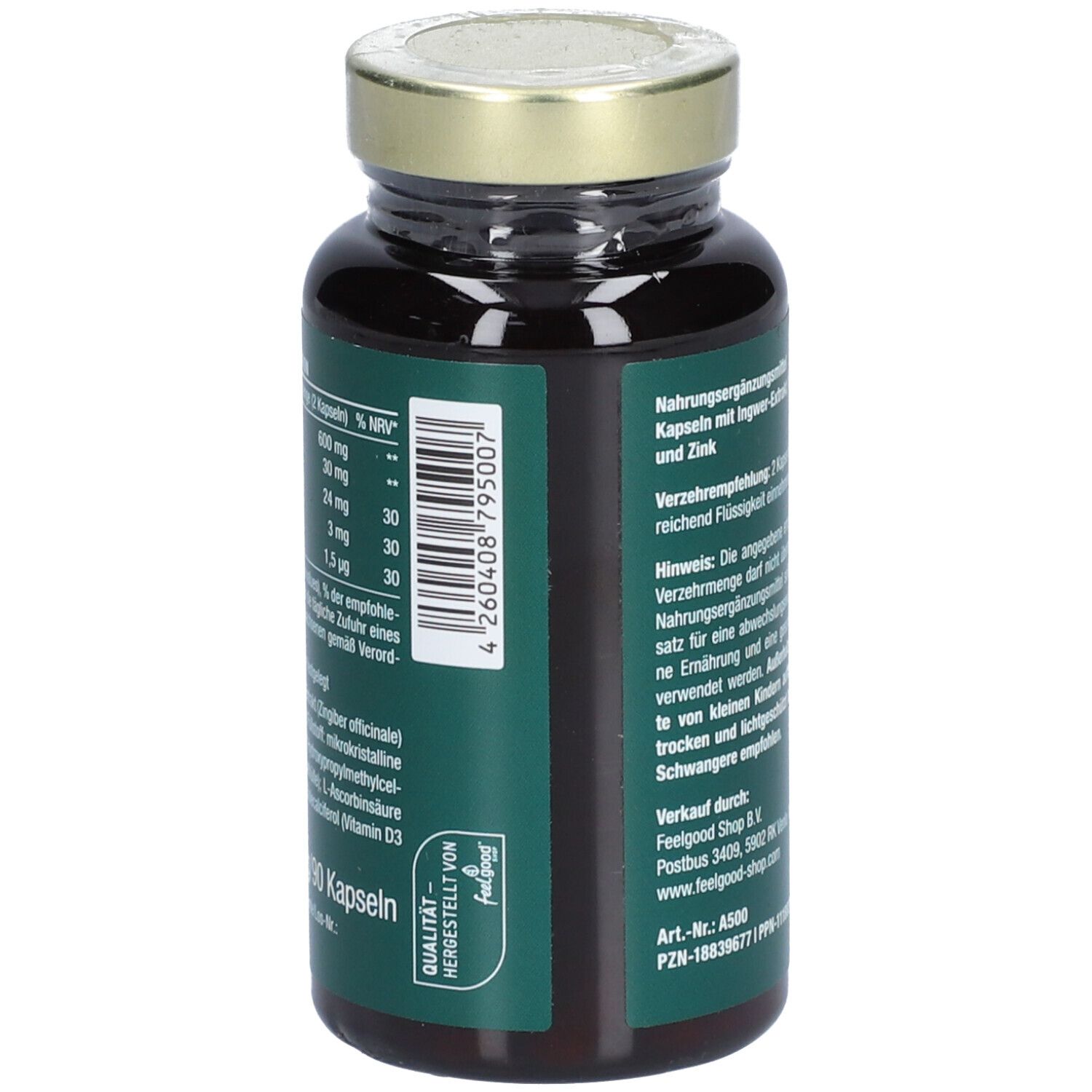 Braune Glasflasche mit goldfarbenem Deckel. Grünes Etikett mit weißer Schrift. Aufschrift: INGWER EXTRAKT, vegan, hochdosiert.