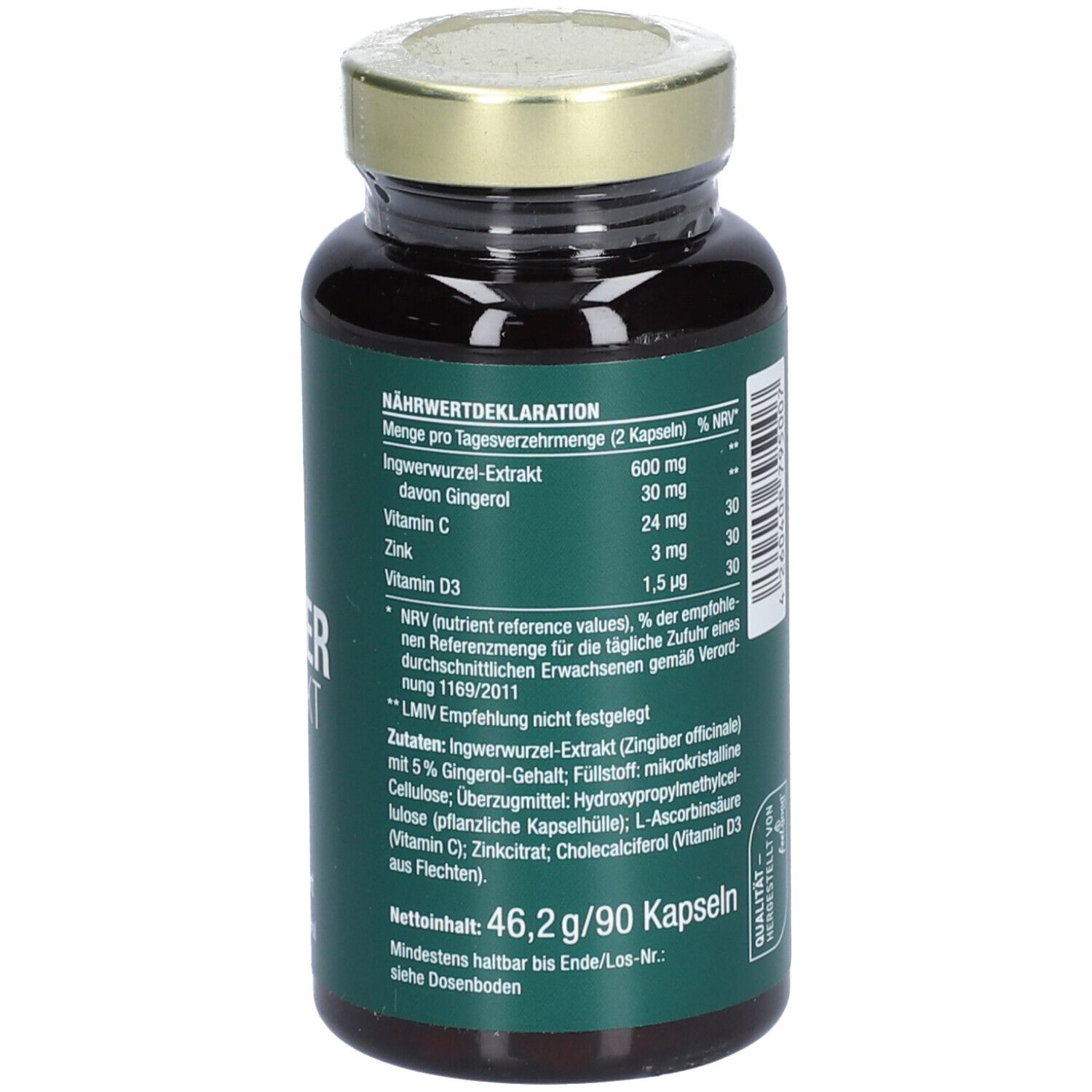 Braune Glasflasche mit goldfarbenem Deckel. Grünes Etikett mit weißer Schrift. Aufschrift: INGWER EXTRAKT, vegan, hochdosiert.