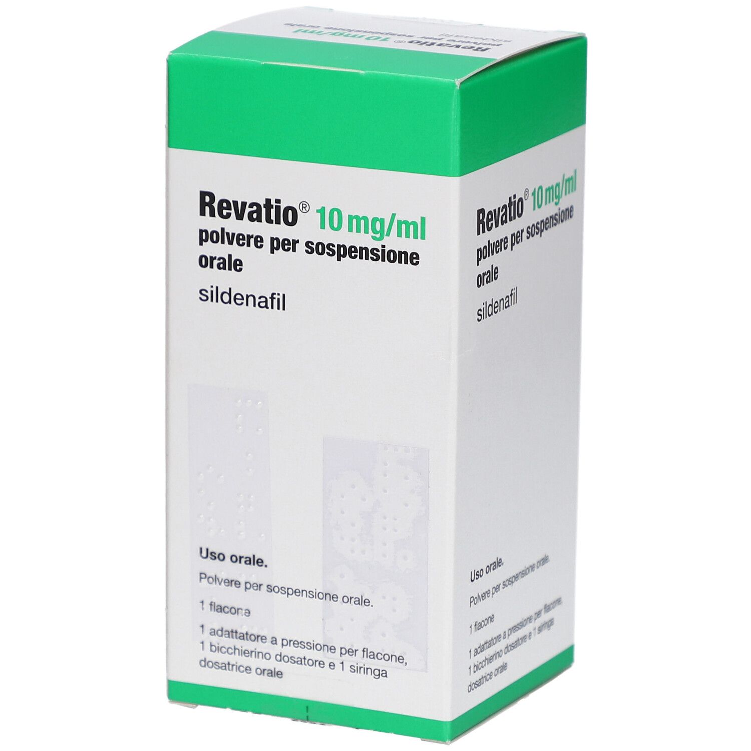 Schachtel mit Produktnamen und Dosierung. Text in italienischer Sprache. Enthält Flasche, Messbecher und Spritze.