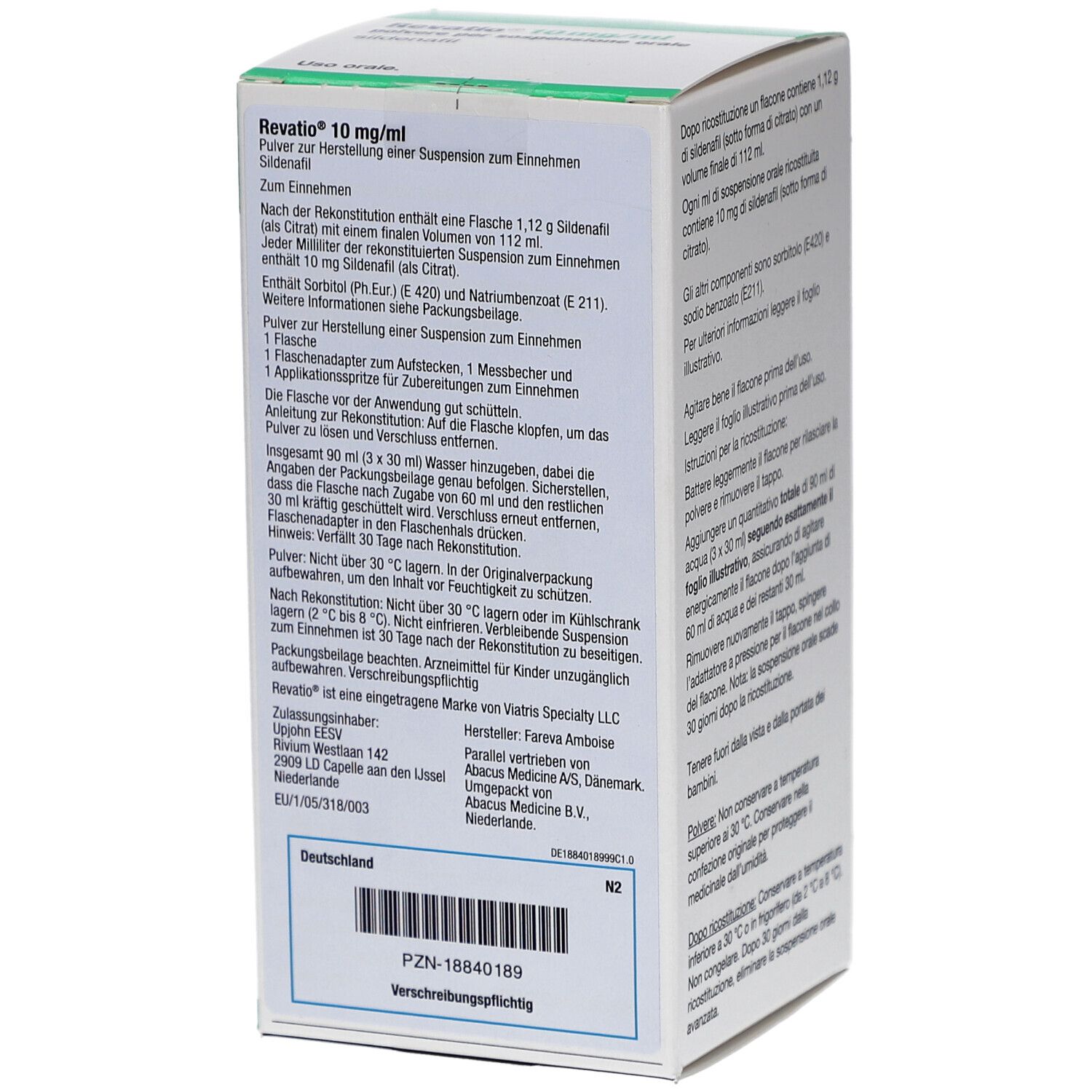 Rückseite der Schachtel mit Text in deutscher Sprache. Enthält Informationen zur Anwendung und Inhaltsstoffe.