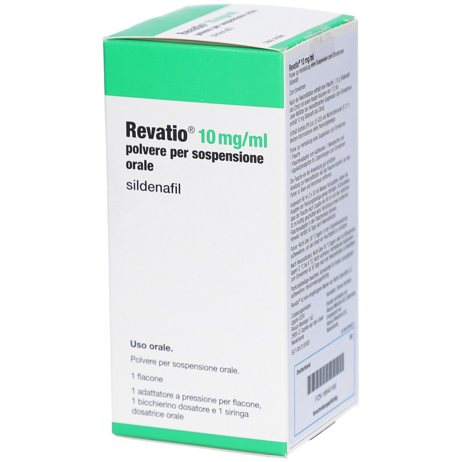 Schachtel mit Produktnamen und Dosierung. Text in italienischer Sprache. Enthält Flasche, Messbecher und Spritze.