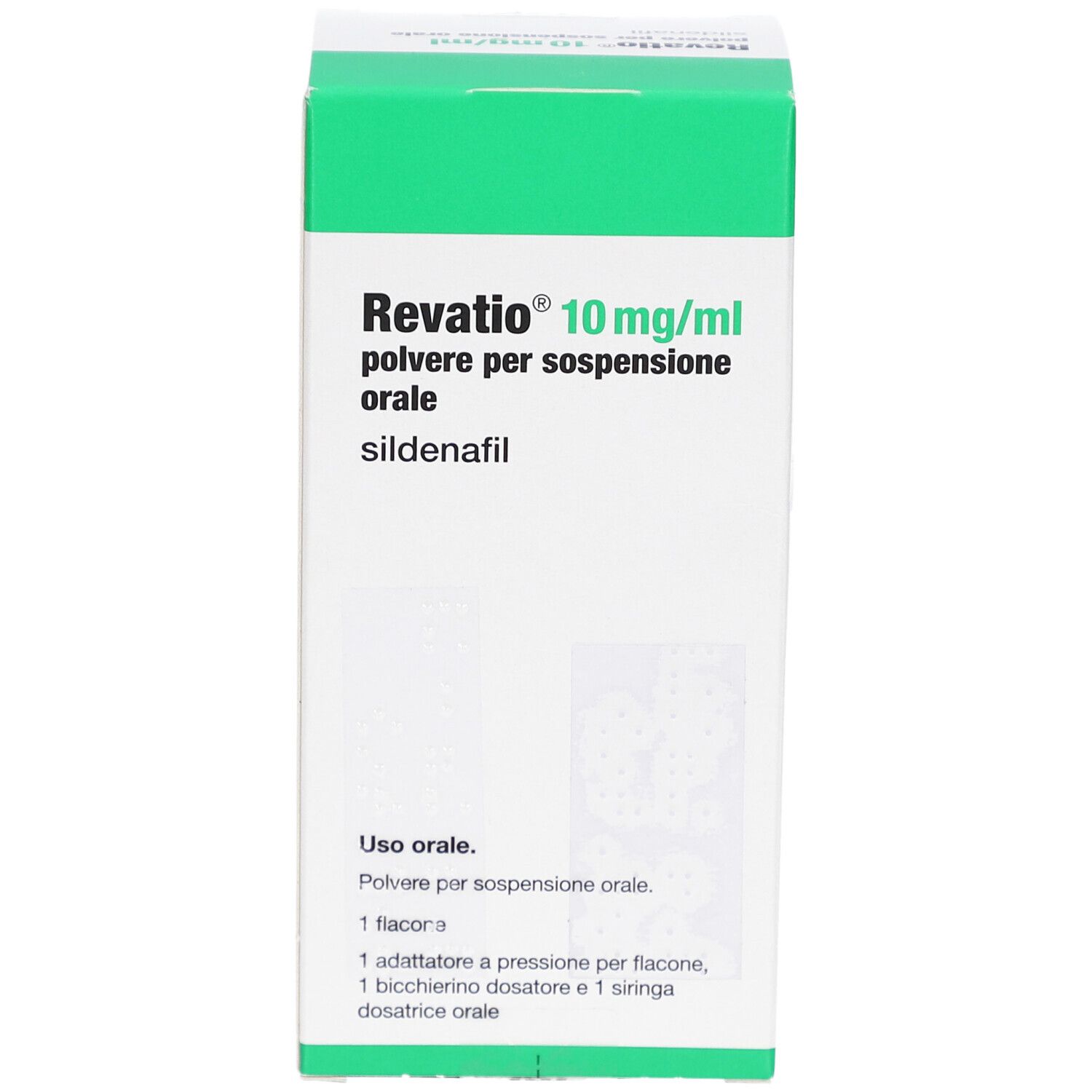 Schachtel mit Produktnamen und Dosierung. Text in italienischer Sprache. Enthält Flasche, Messbecher und Spritze.