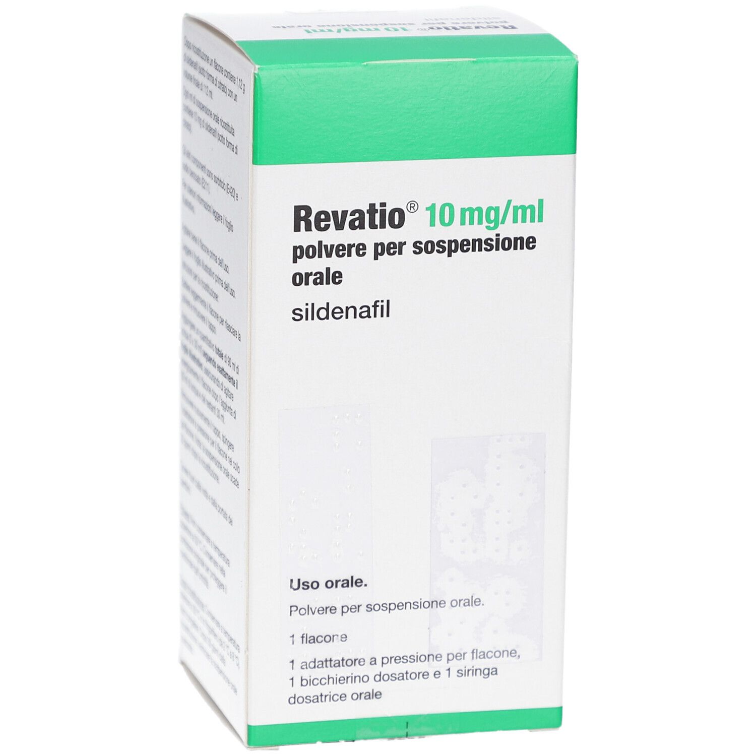 Schachtel mit Produktnamen und Dosierung. Text in italienischer Sprache. Enthält Flasche, Messbecher und Spritze.