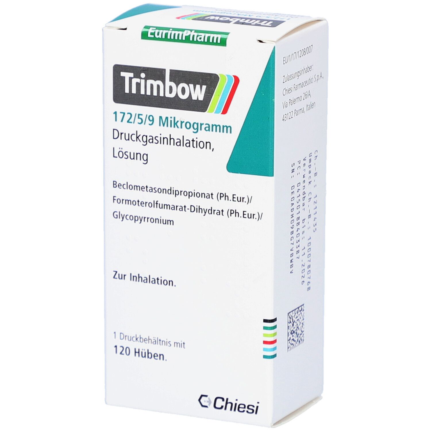 Schachtel mit Produktnamen Trimbow, Inhalationslösung. Enthält 120 Hüben. Hersteller EurimPharm und Chiesi.