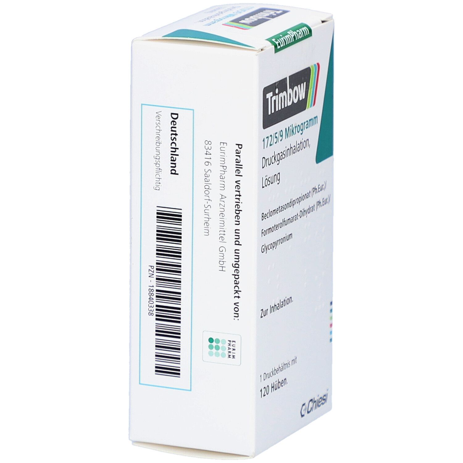 Seitenansicht der Trimbow-Schachtel. Text: Deutschland, EurimPharm Arzneimittel GmbH. Barcode und weitere Informationen.