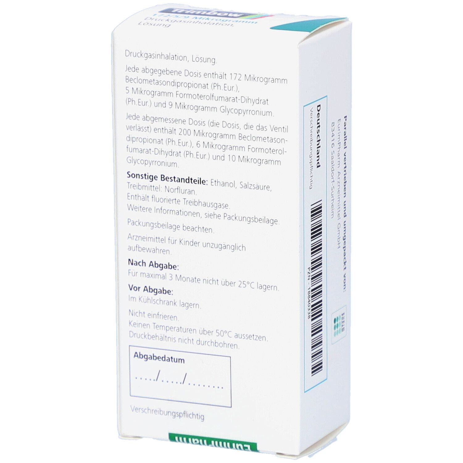 Rückseite der Trimbow-Schachtel. Enthält Informationen zur Zusammensetzung und Lagerung. Hersteller EurimPharm.