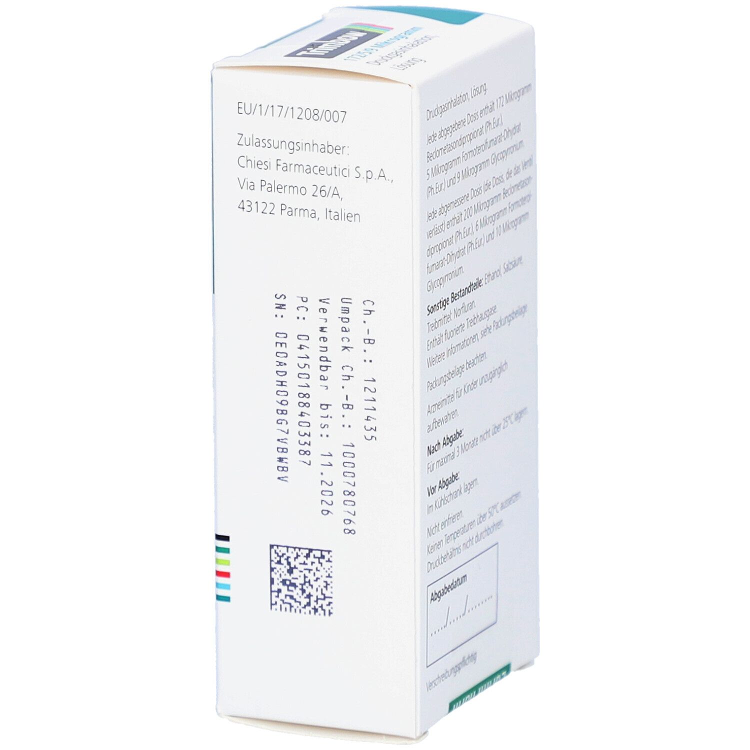 Seitenansicht der Trimbow-Schachtel. Herstellerinformationen: Chiesi Farmaceutici S.p.A., Parma, Italien.