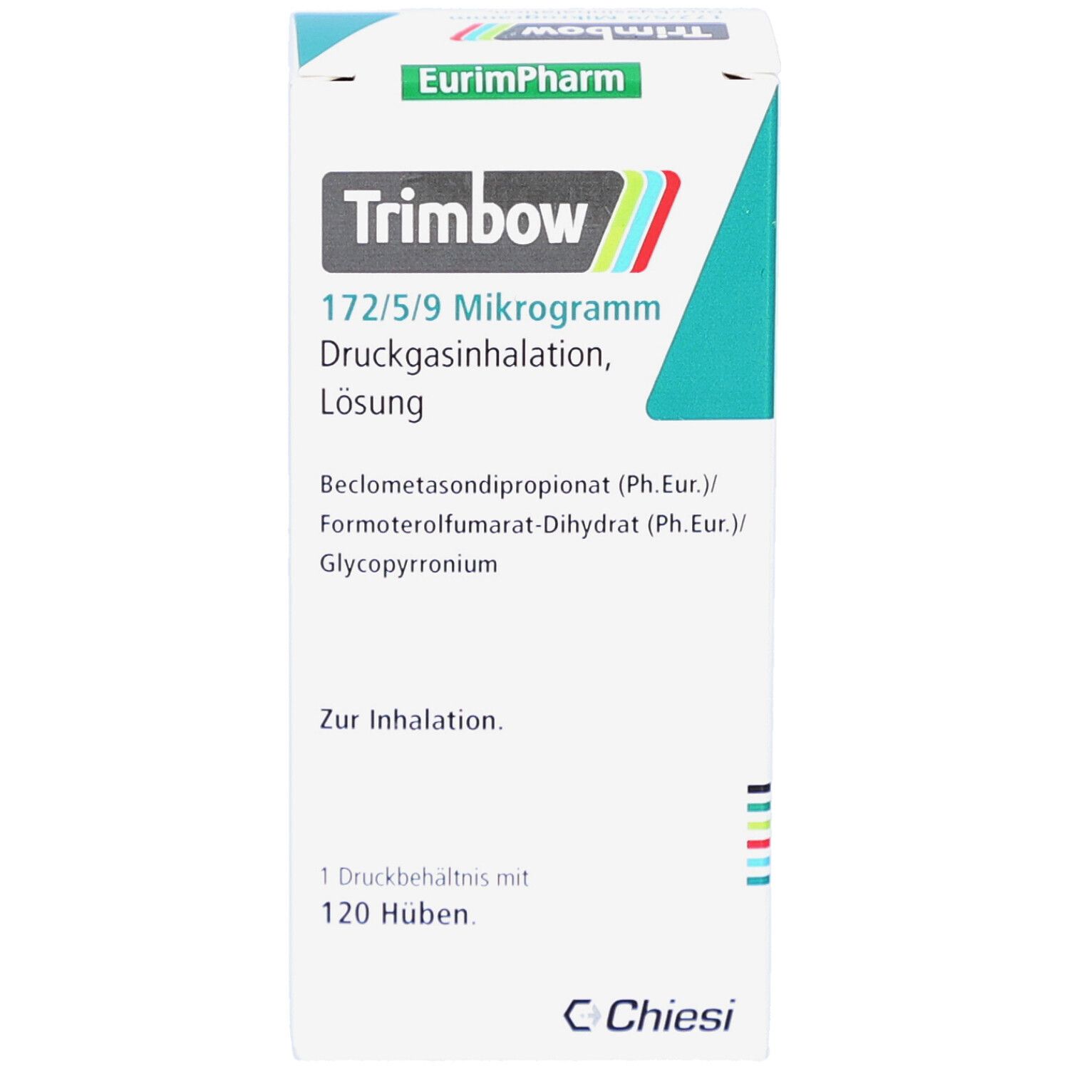 Vorderansicht der Trimbow-Schachtel. Produktname, Inhaltsstoffe und Dosierung. Hersteller EurimPharm und Chiesi.