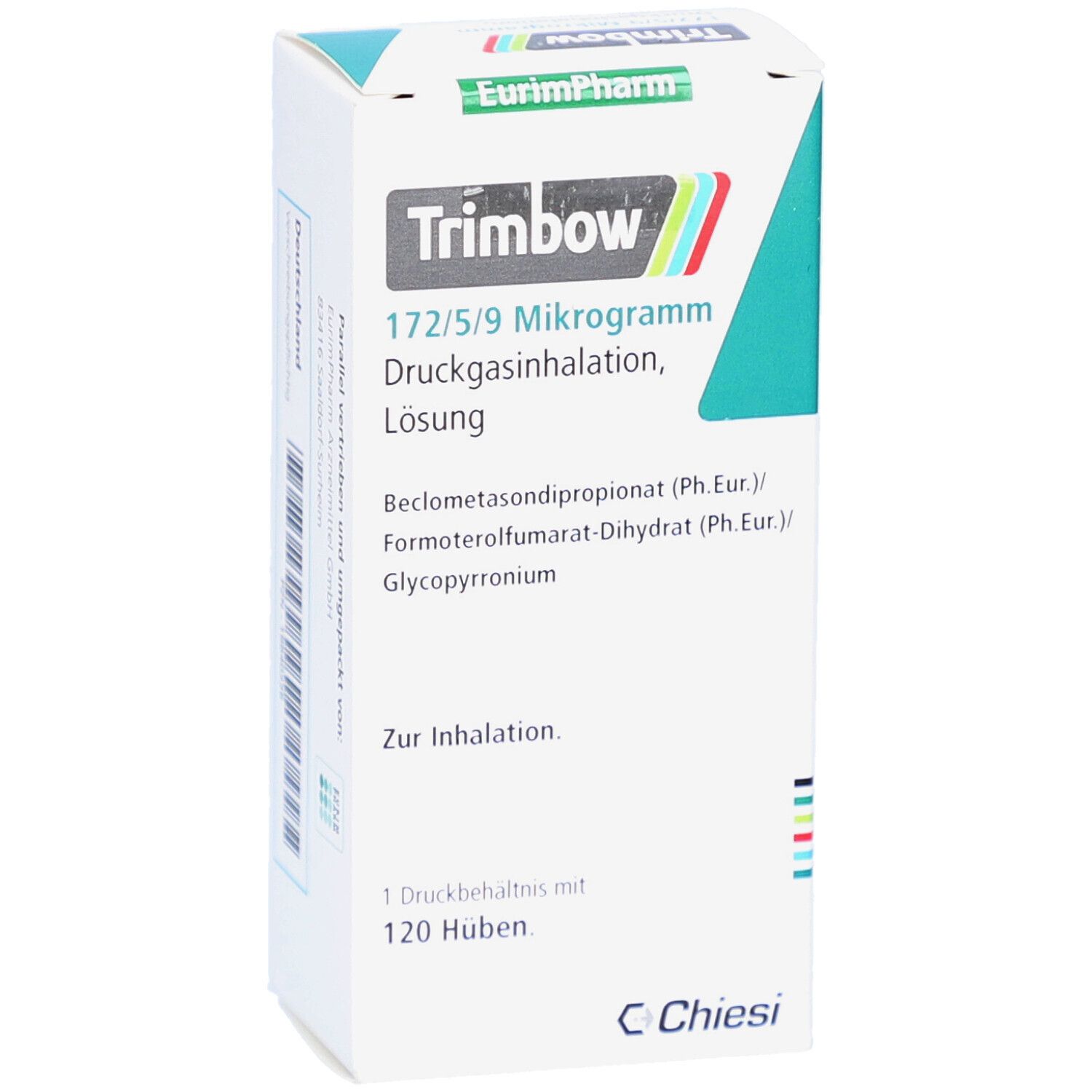 Vorderansicht der Trimbow-Schachtel. Produktname, Inhaltsstoffe und Dosierung. Hersteller EurimPharm und Chiesi.