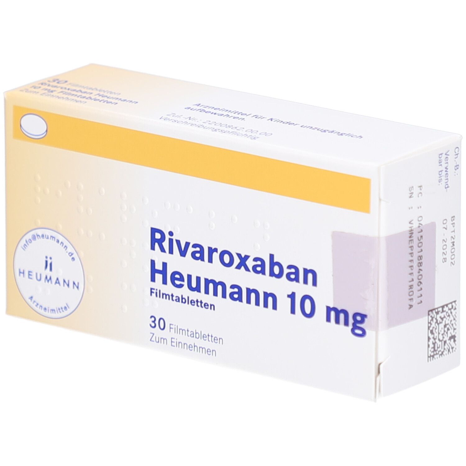 Schachtel mit "Rivaroxaban Heumann 10 mg Filmtabletten". 30 Tabletten. Gelb-weiße Verpackung. Logo "Heumann".