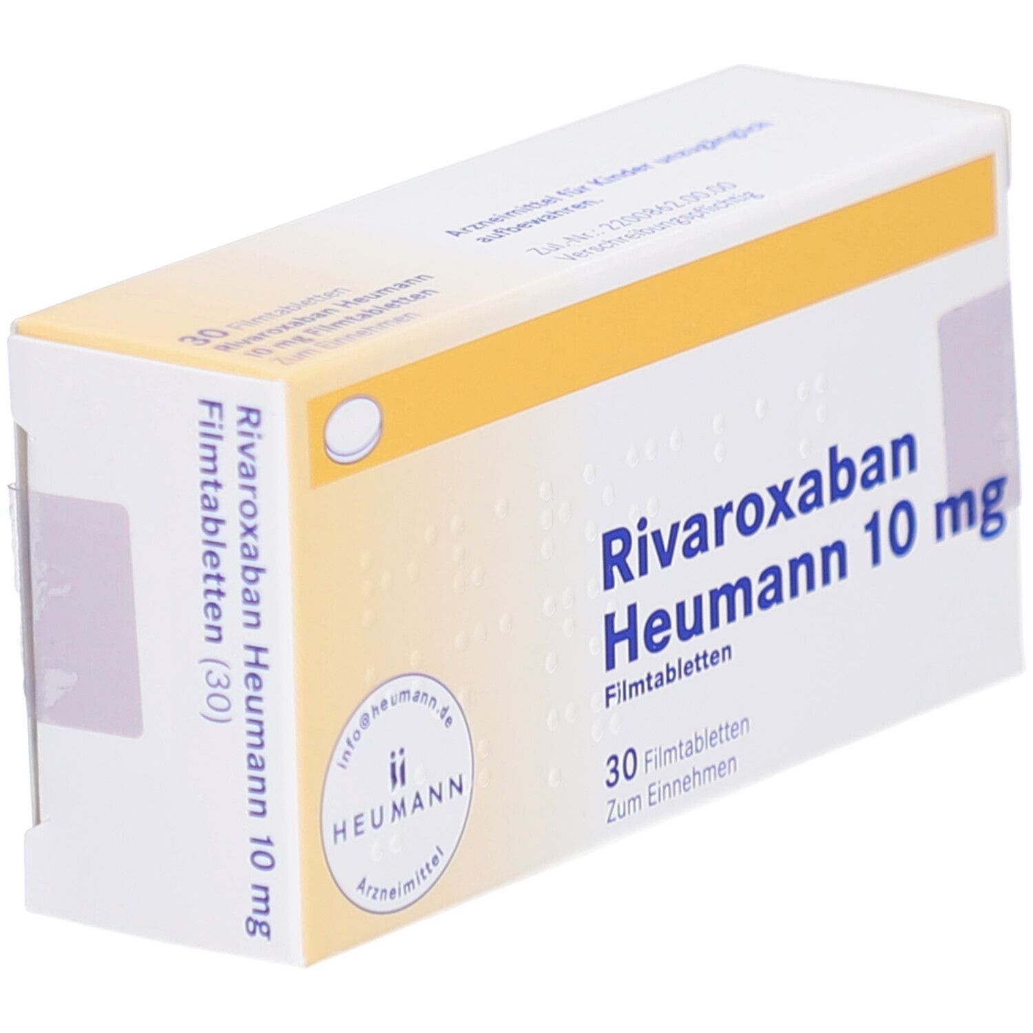 Schachtel "Rivaroxaban Heumann 10 mg Filmtabletten". 30 Tabletten. Gelb-weiße Verpackung. Logo "Heumann".