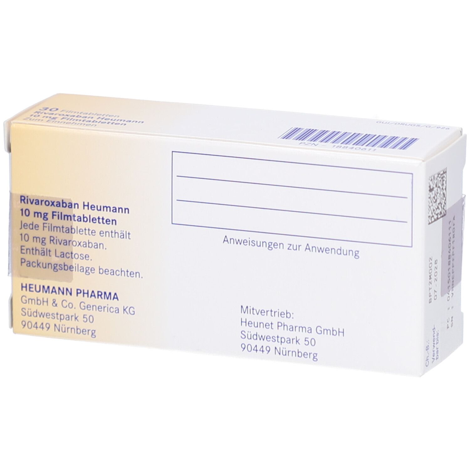 Rückseite der Schachtel "Rivaroxaban Heumann 10 mg Filmtabletten". Text und Barcode. Herstellerinformationen.