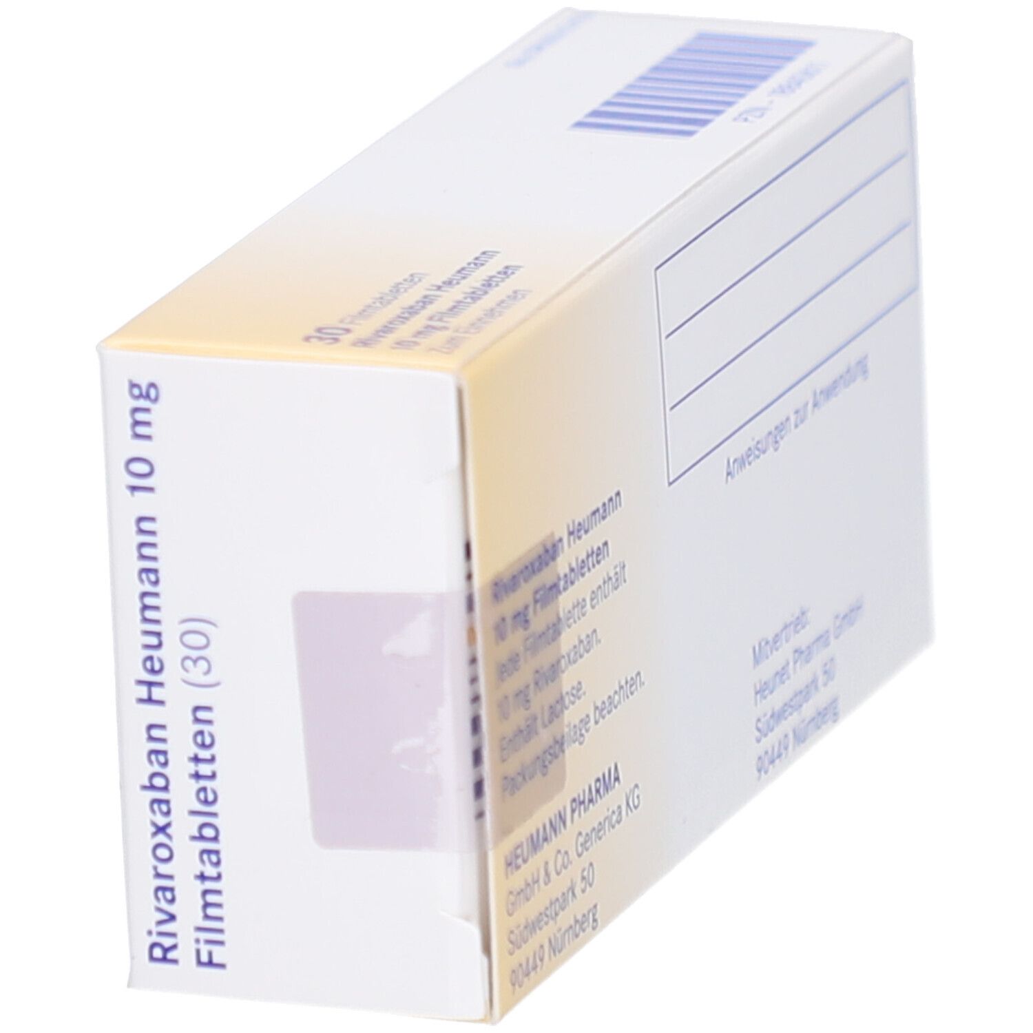 Schachtel "Rivaroxaban Heumann 10 mg Filmtabletten" von der Seite. Text und Barcode. Gelb-weiß.