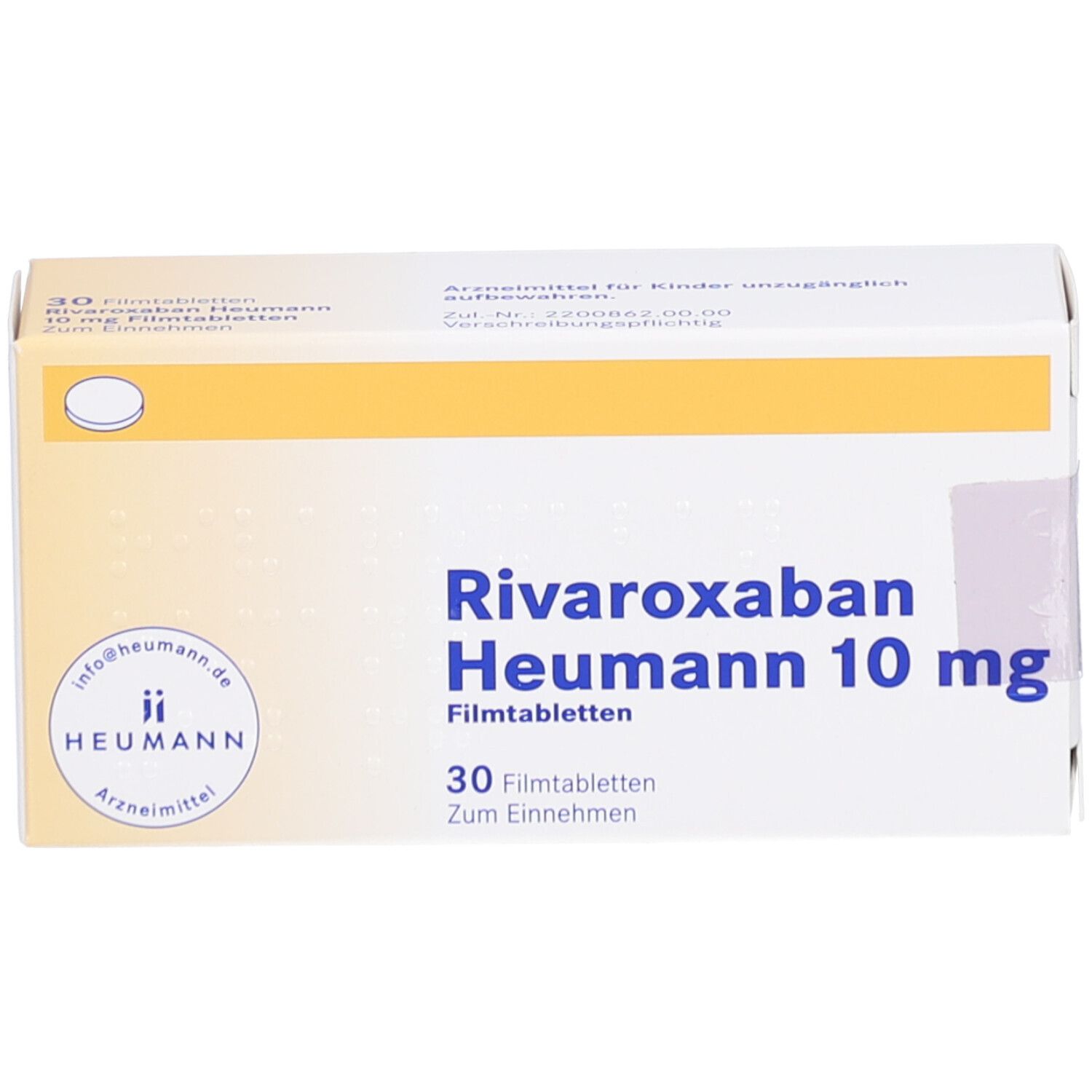 Schachtel "Rivaroxaban Heumann 10 mg Filmtabletten". 30 Tabletten. Gelb-weiße Verpackung. Logo "Heumann".