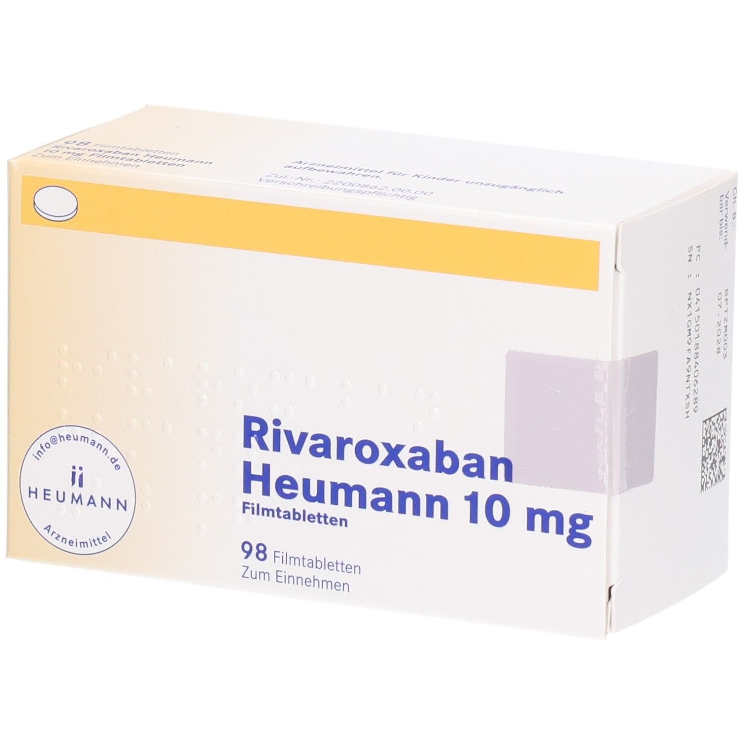Schachtel mit RIVAROXABAN Heumann 10 mg Filmtabletten. Aufschrift: 98 Filmtabletten. Logo Heumann. Gelber Streifen.
