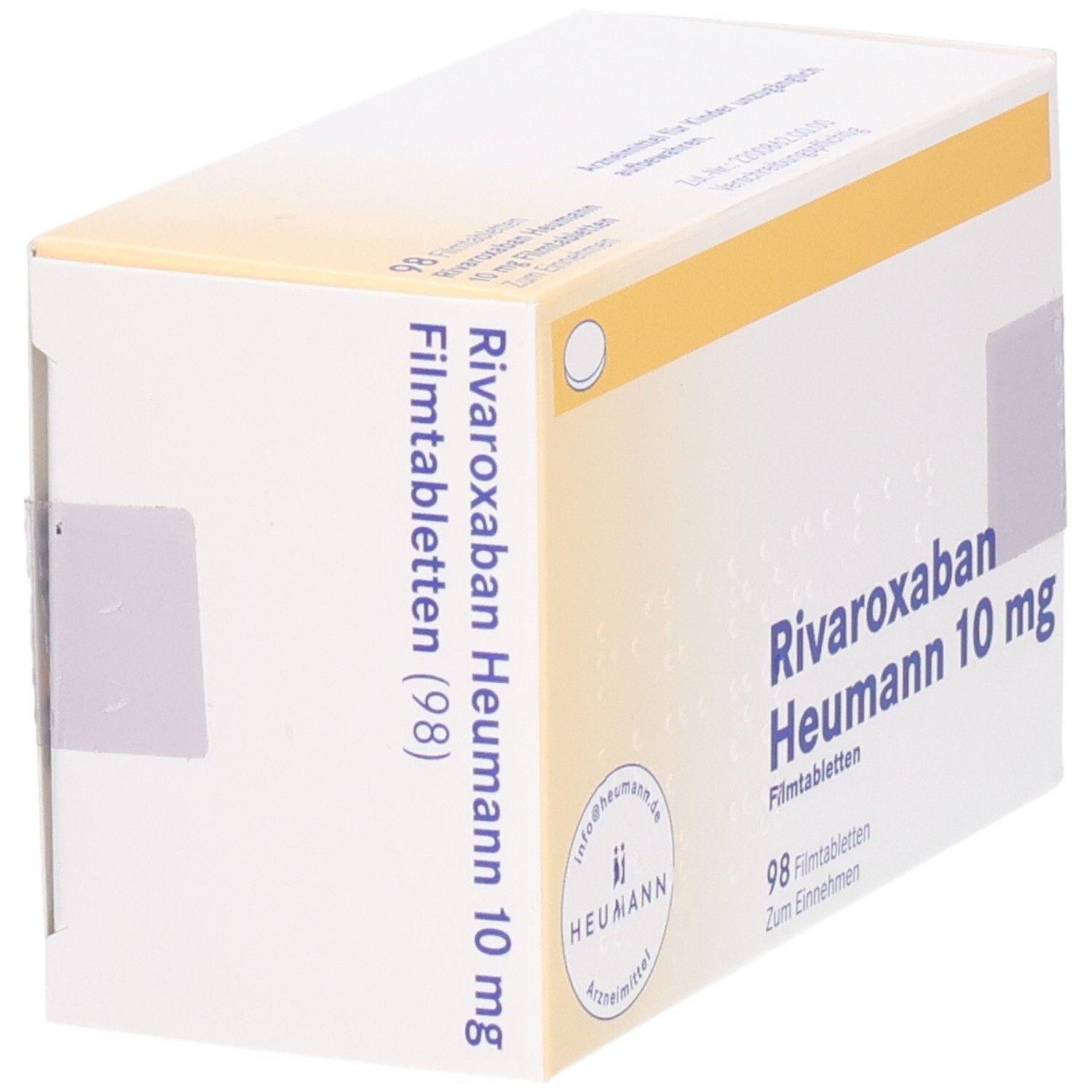 Schachtel RIVAROXABAN Heumann 10 mg Filmtabletten. Aufschrift: 98 Filmtabletten. Logo Heumann. Gelber Streifen.