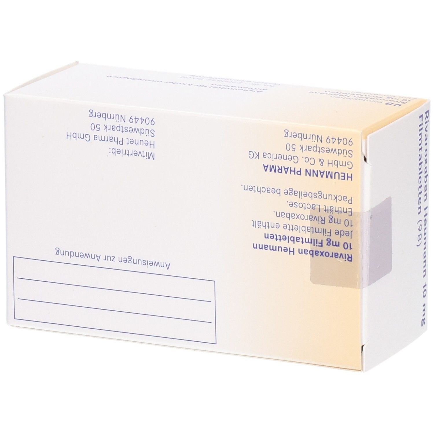 Rückseite der Schachtel mit Informationen zu RIVAROXABAN Heumann 10 mg Filmtabletten. Text und Logo Heumann.