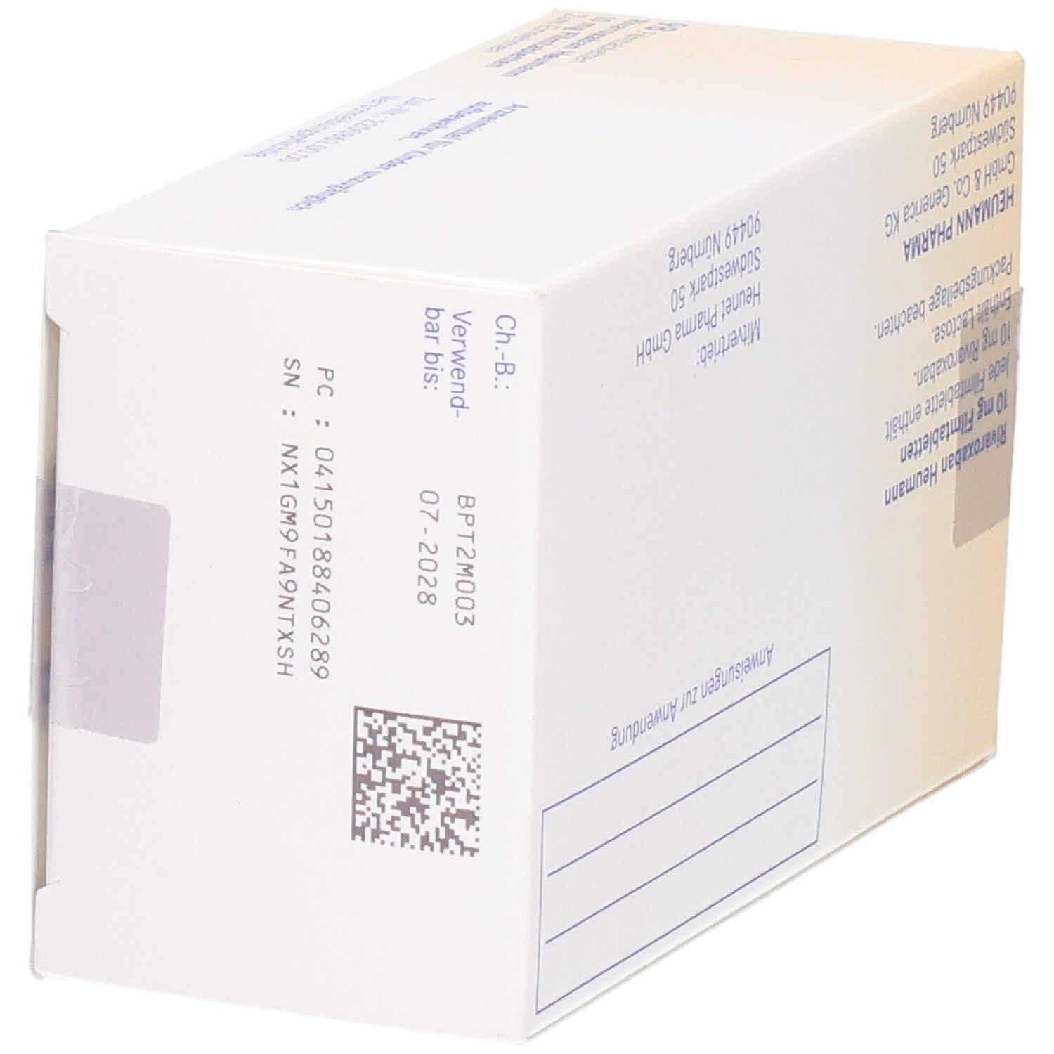Rückseite der Schachtel mit Informationen zu RIVAROXABAN Heumann 10 mg Filmtabletten. Text, QR-Code und Logo Heumann.