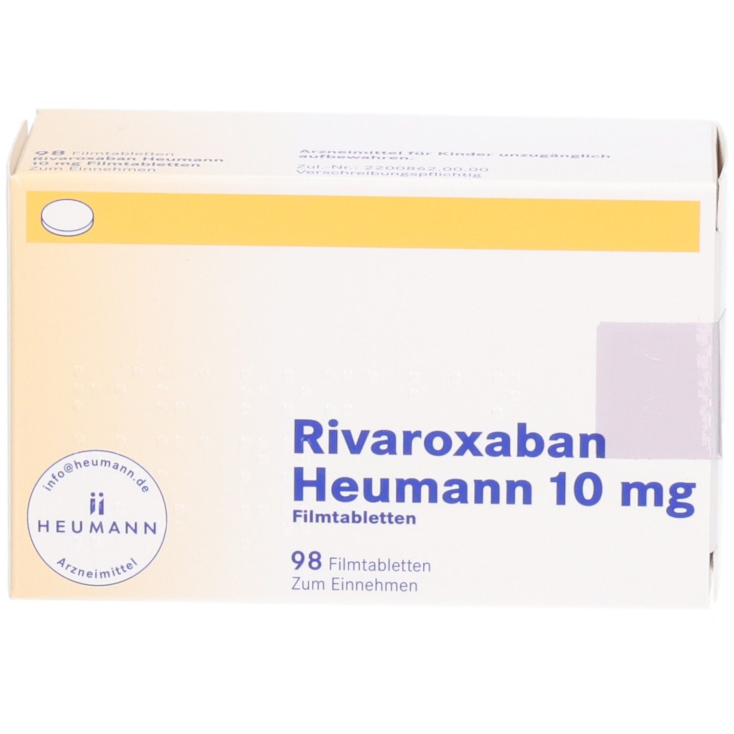 Schachtel mit RIVAROXABAN Heumann 10 mg Filmtabletten. Aufschrift: 98 Filmtabletten. Logo Heumann. Gelber Streifen.